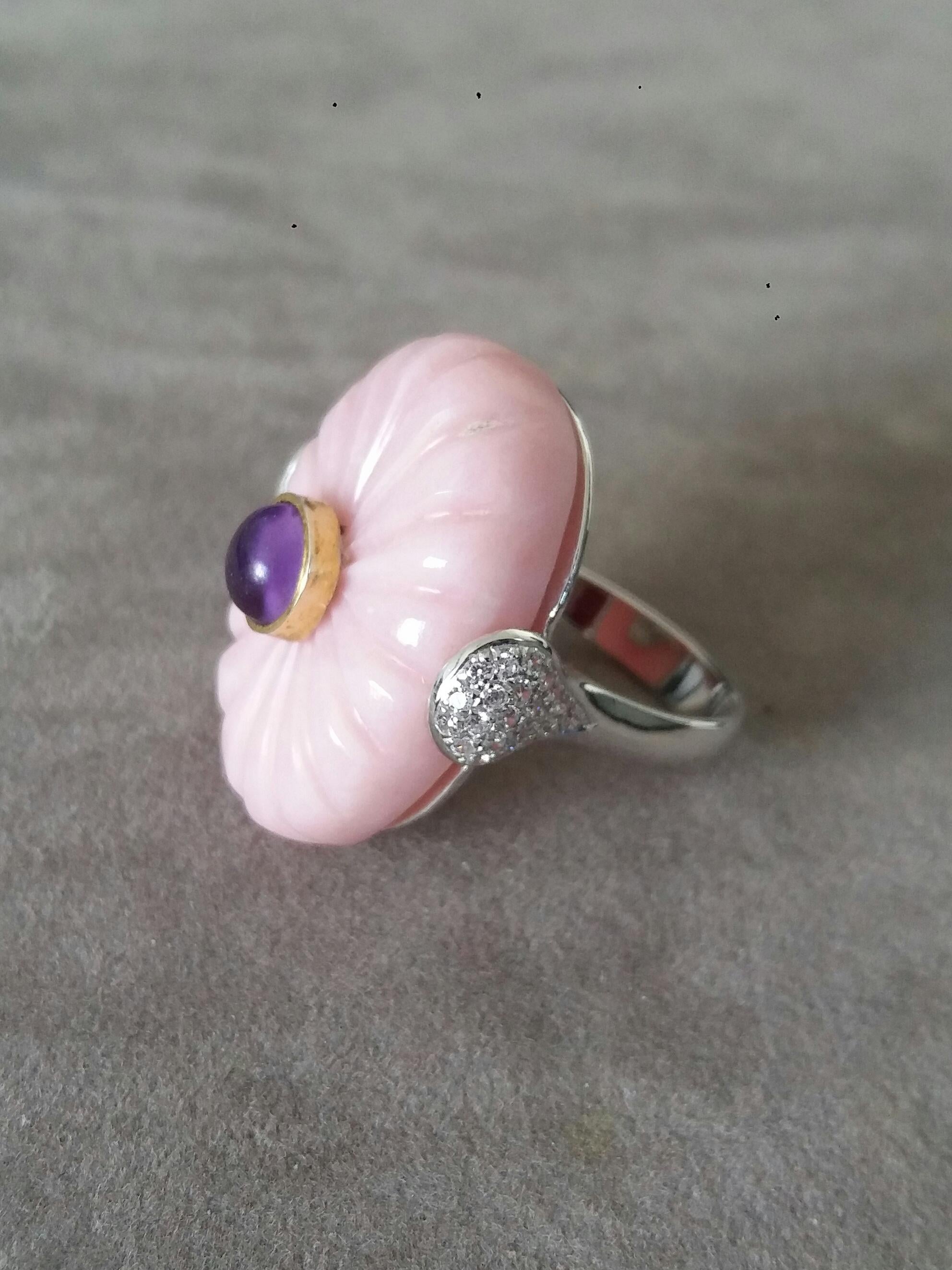 For Sale:  Art Deco Style Carved Pink Opal Genuine Amethyst Cab Gold Diamonds Cocktail Ring 5