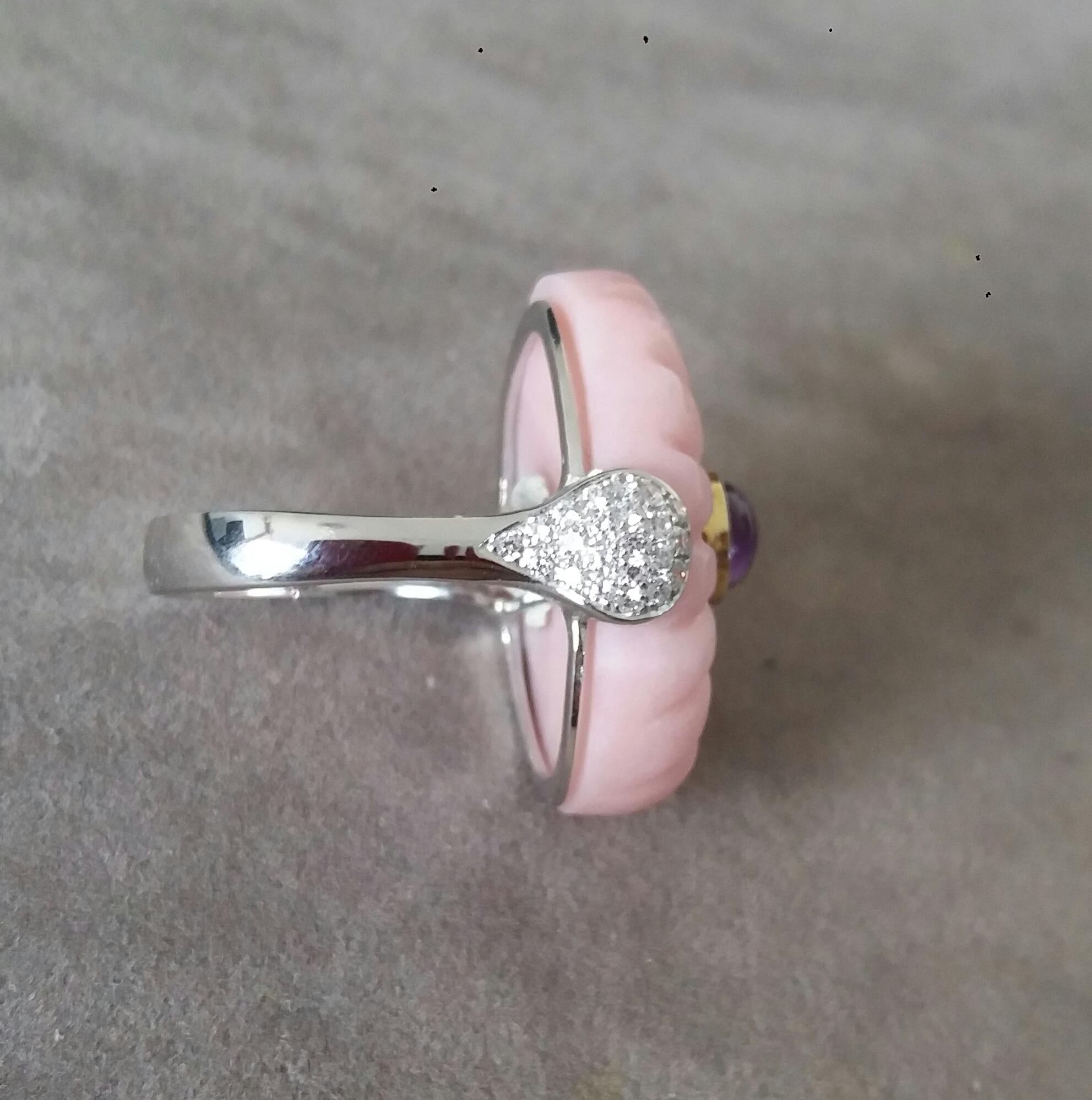 For Sale:  Art Deco Style Carved Pink Opal Genuine Amethyst Cab Gold Diamonds Cocktail Ring 7