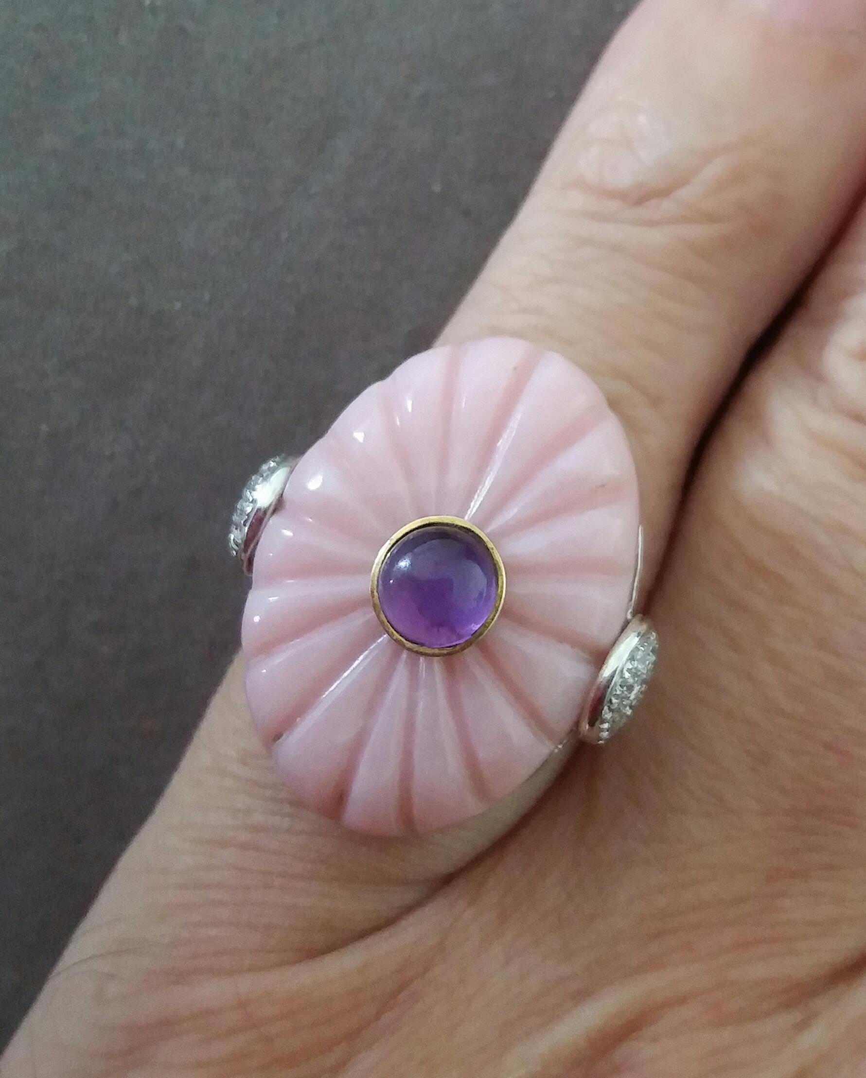 For Sale:  Art Deco Style Carved Pink Opal Genuine Amethyst Cab Gold Diamonds Cocktail Ring 8