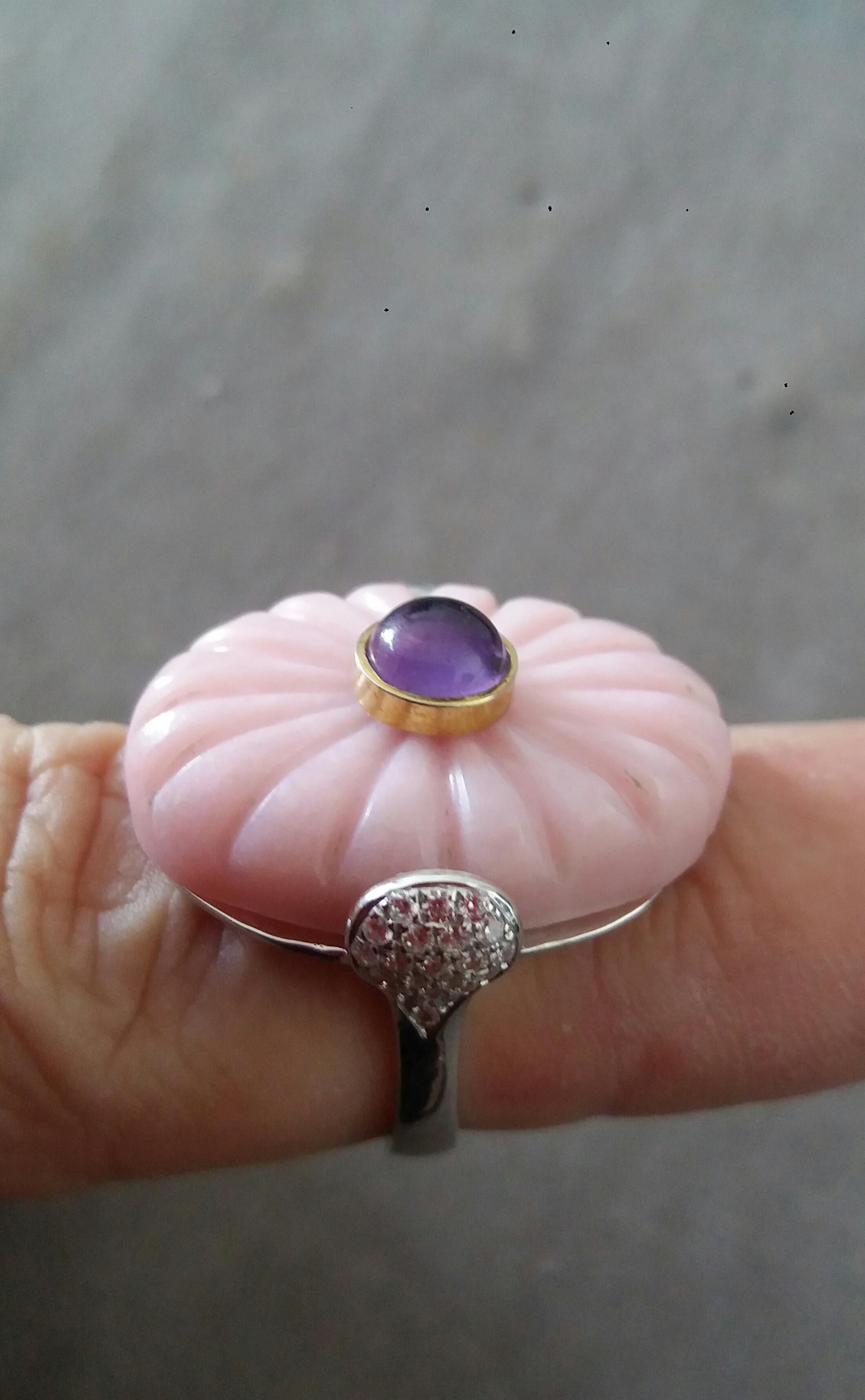 For Sale:  Art Deco Style Carved Pink Opal Genuine Amethyst Cab Gold Diamonds Cocktail Ring 9