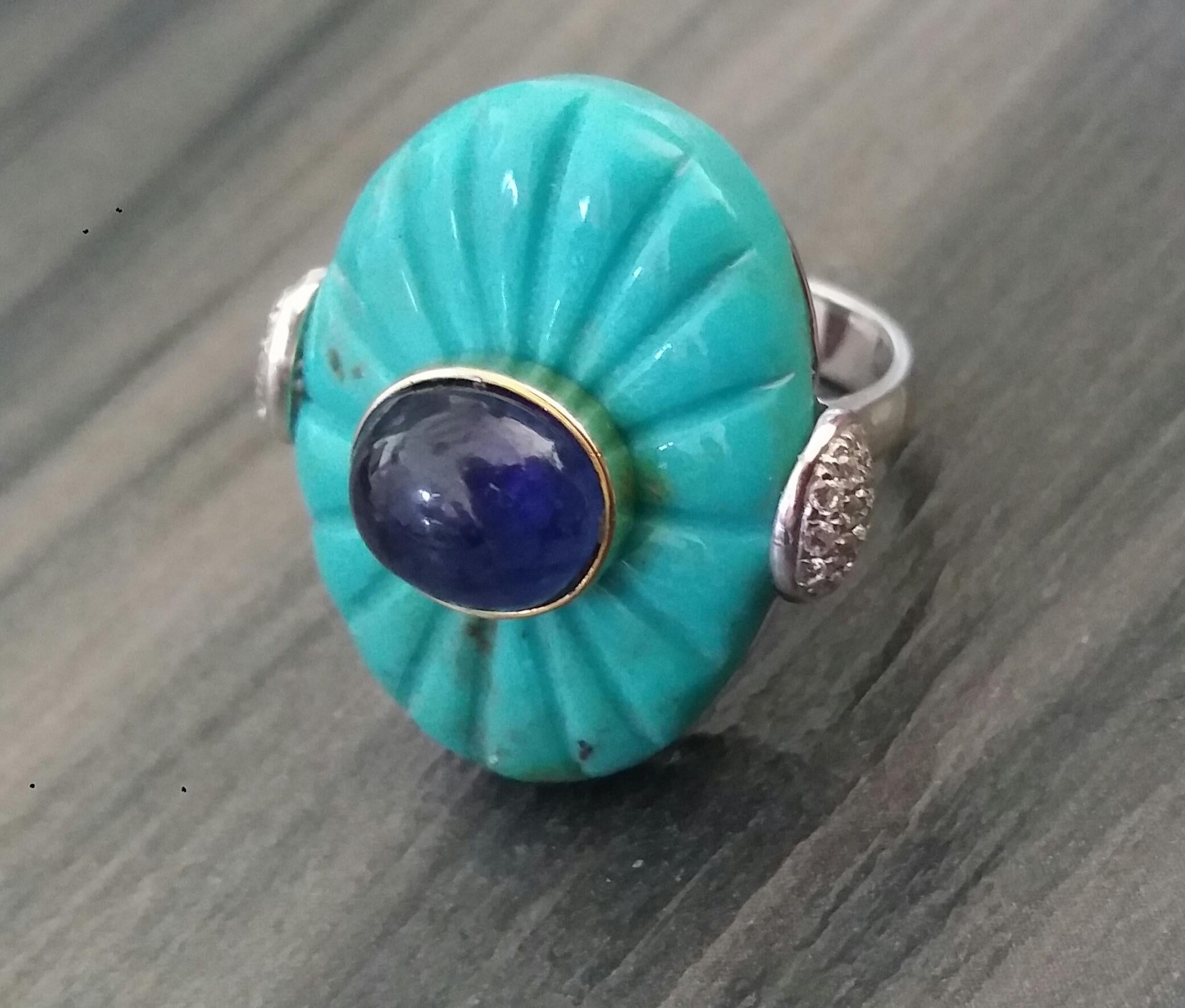 For Sale:  Art Deco Style Carved Turquoise Blue Sapphire Cab Gold Diamonds Cocktail Ring 10