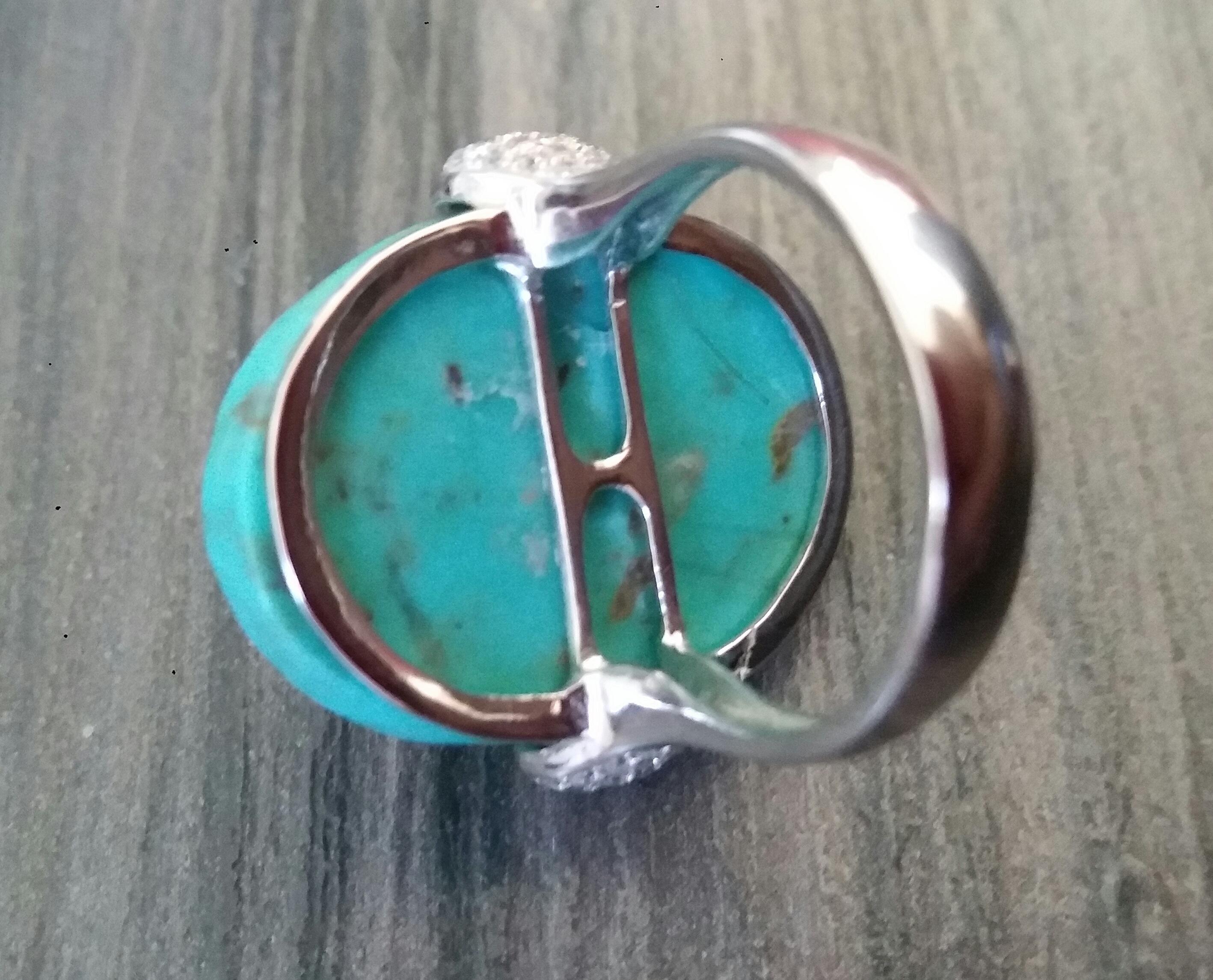 For Sale:  Art Deco Style Carved Turquoise Blue Sapphire Cab Gold Diamonds Cocktail Ring 11