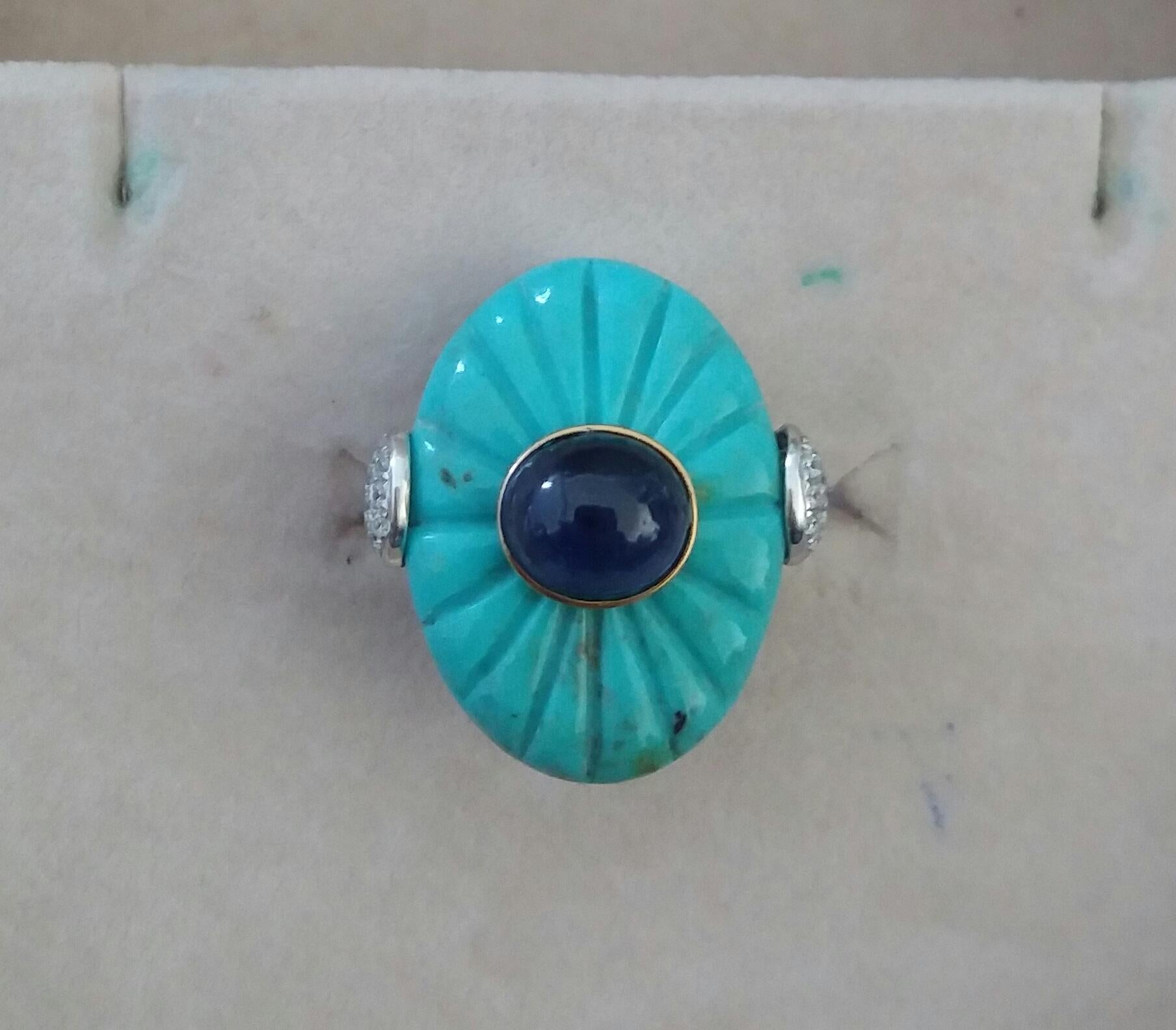 For Sale:  Art Deco Style Carved Turquoise Blue Sapphire Cab Gold Diamonds Cocktail Ring 12