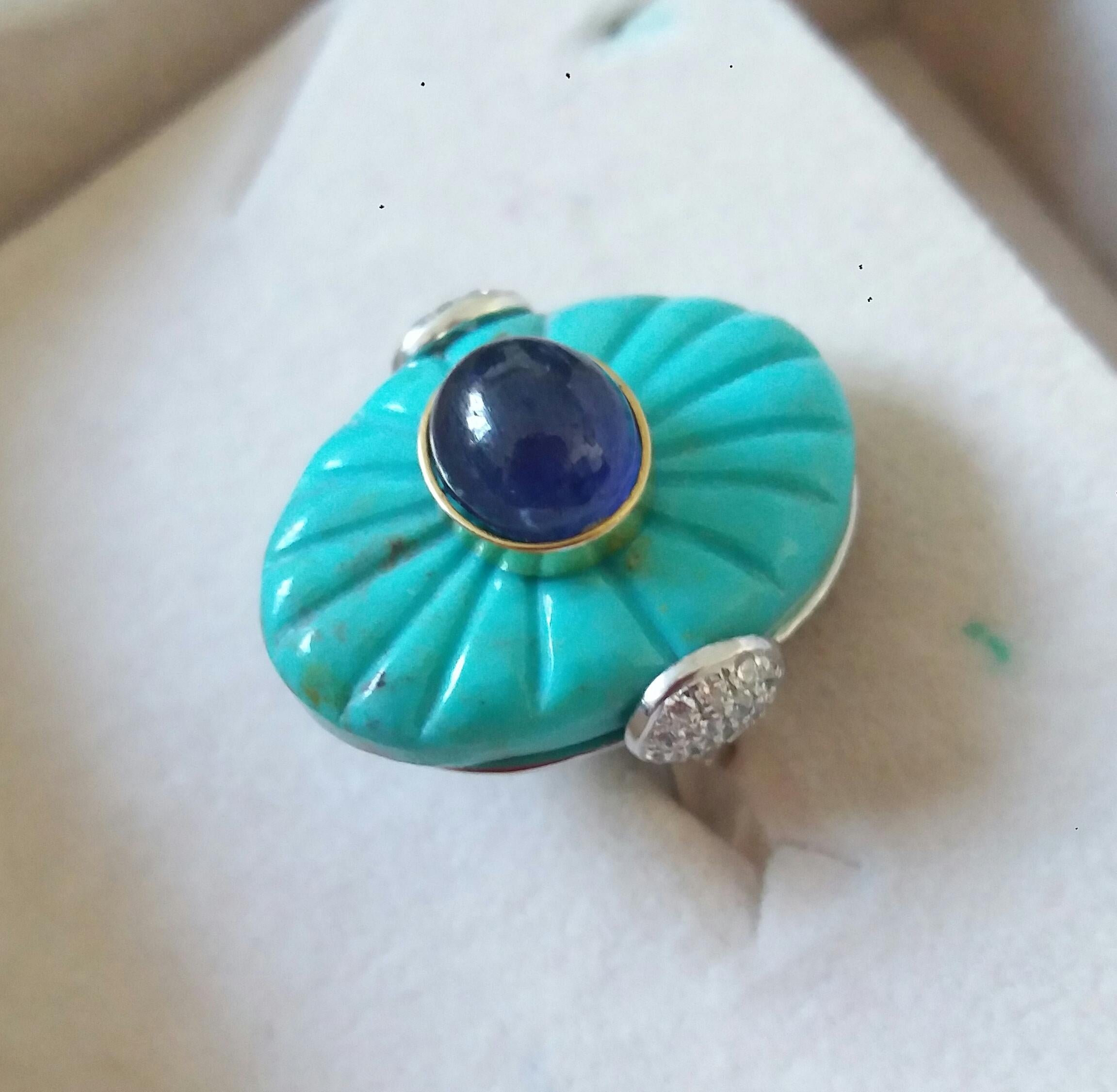 For Sale:  Art Deco Style Carved Turquoise Blue Sapphire Cab Gold Diamonds Cocktail Ring 13