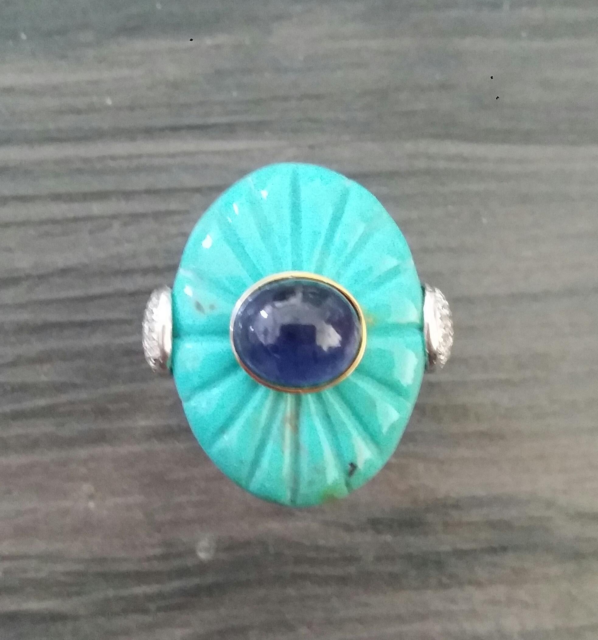 For Sale:  Art Deco Style Carved Turquoise Blue Sapphire Cab Gold Diamonds Cocktail Ring 2