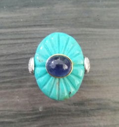 Art Deco Style Carved Turquoise Blue Sapphire Cab Gold Diamonds Cocktail Ring