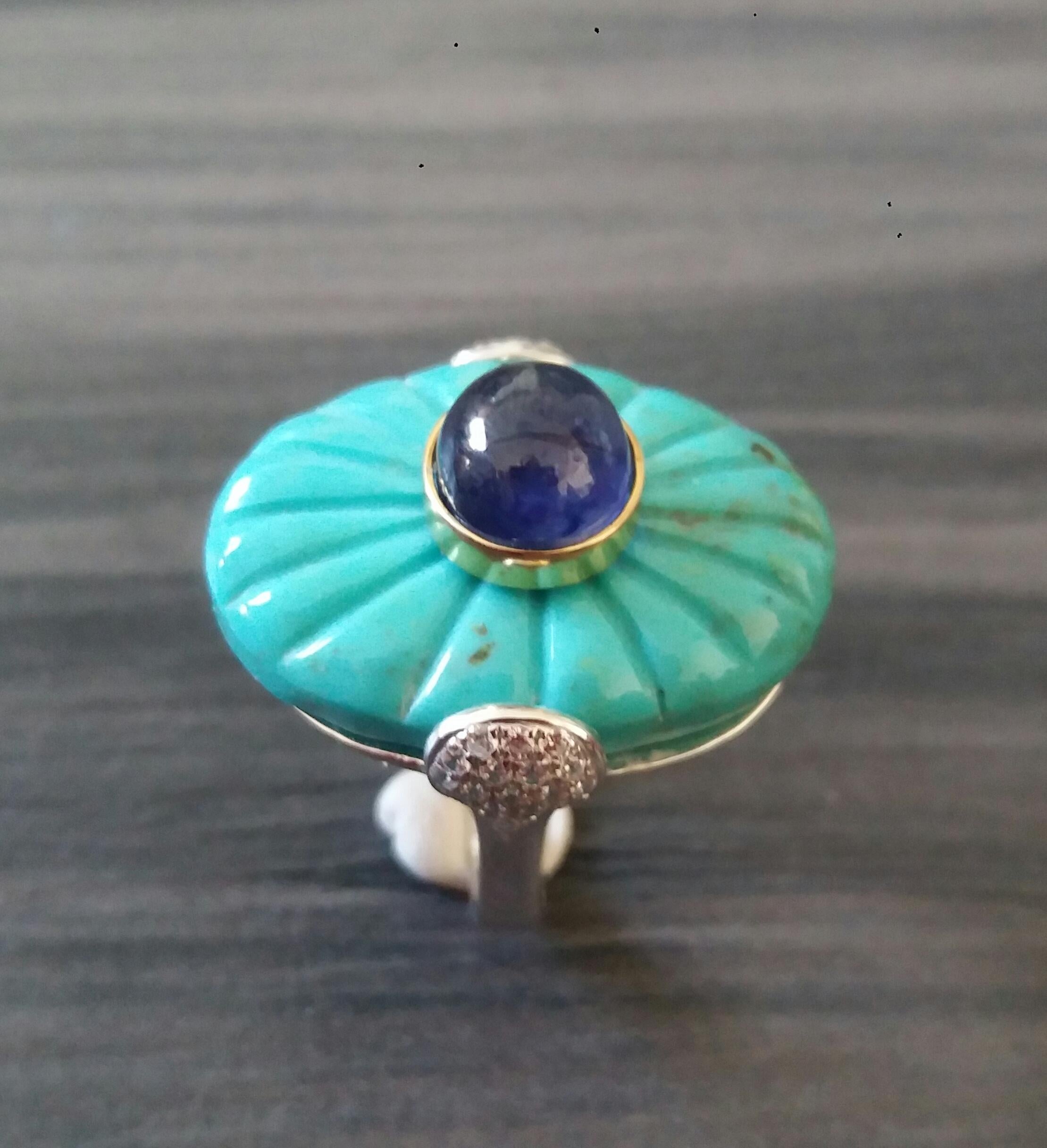 For Sale:  Art Deco Style Carved Turquoise Blue Sapphire Cab Gold Diamonds Cocktail Ring 3