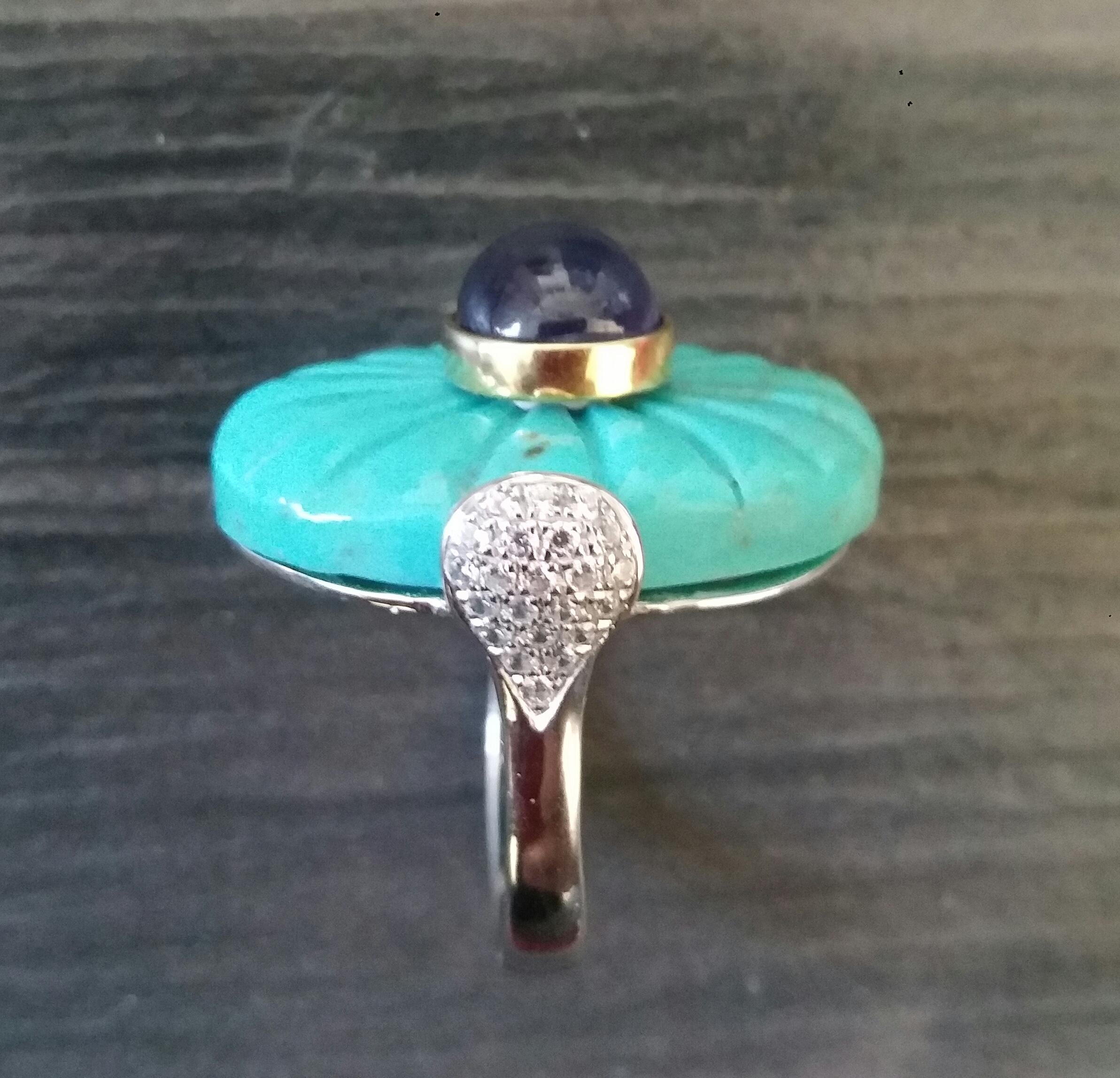 For Sale:  Art Deco Style Carved Turquoise Blue Sapphire Cab Gold Diamonds Cocktail Ring 4
