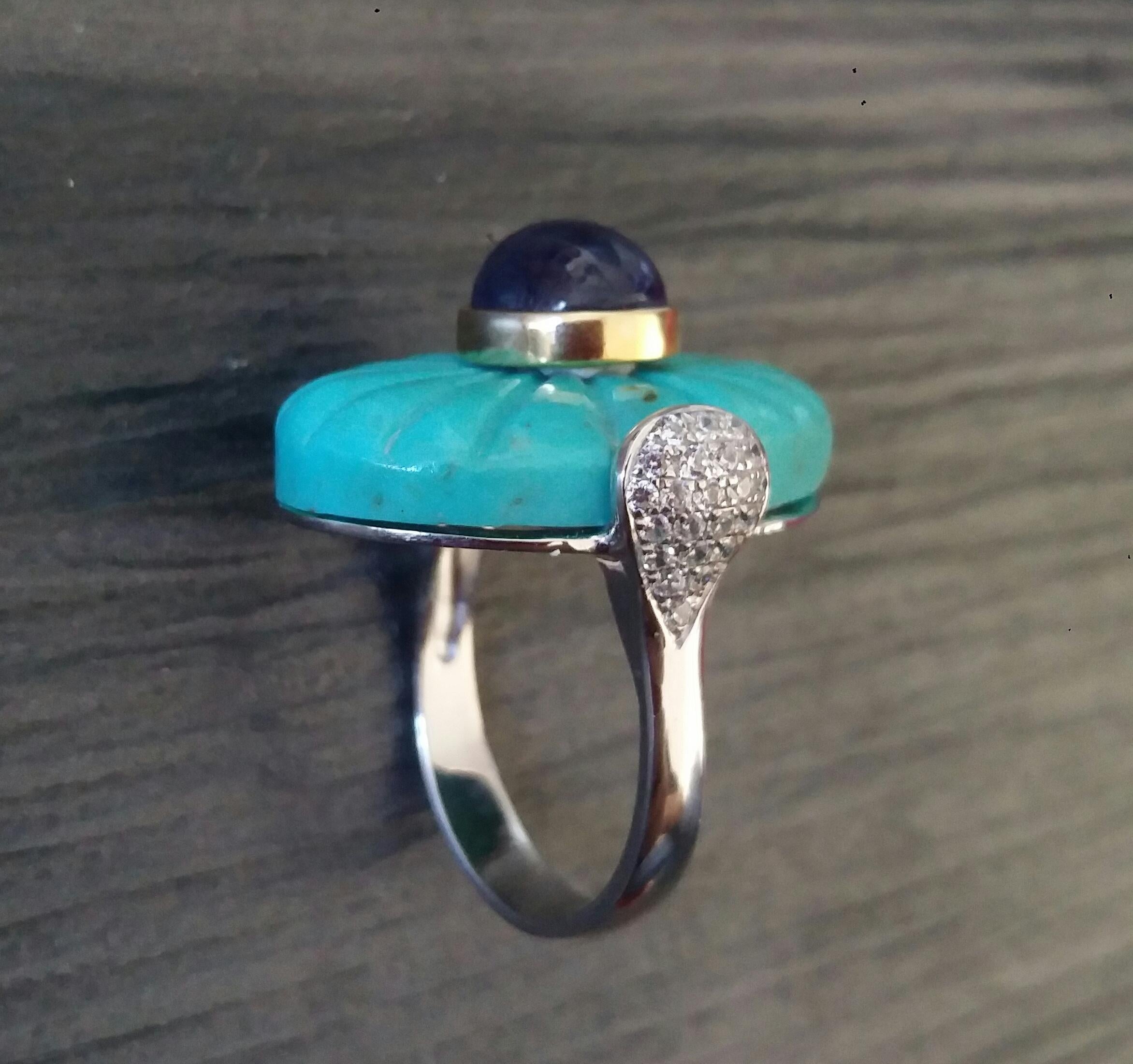 For Sale:  Art Deco Style Carved Turquoise Blue Sapphire Cab Gold Diamonds Cocktail Ring 5