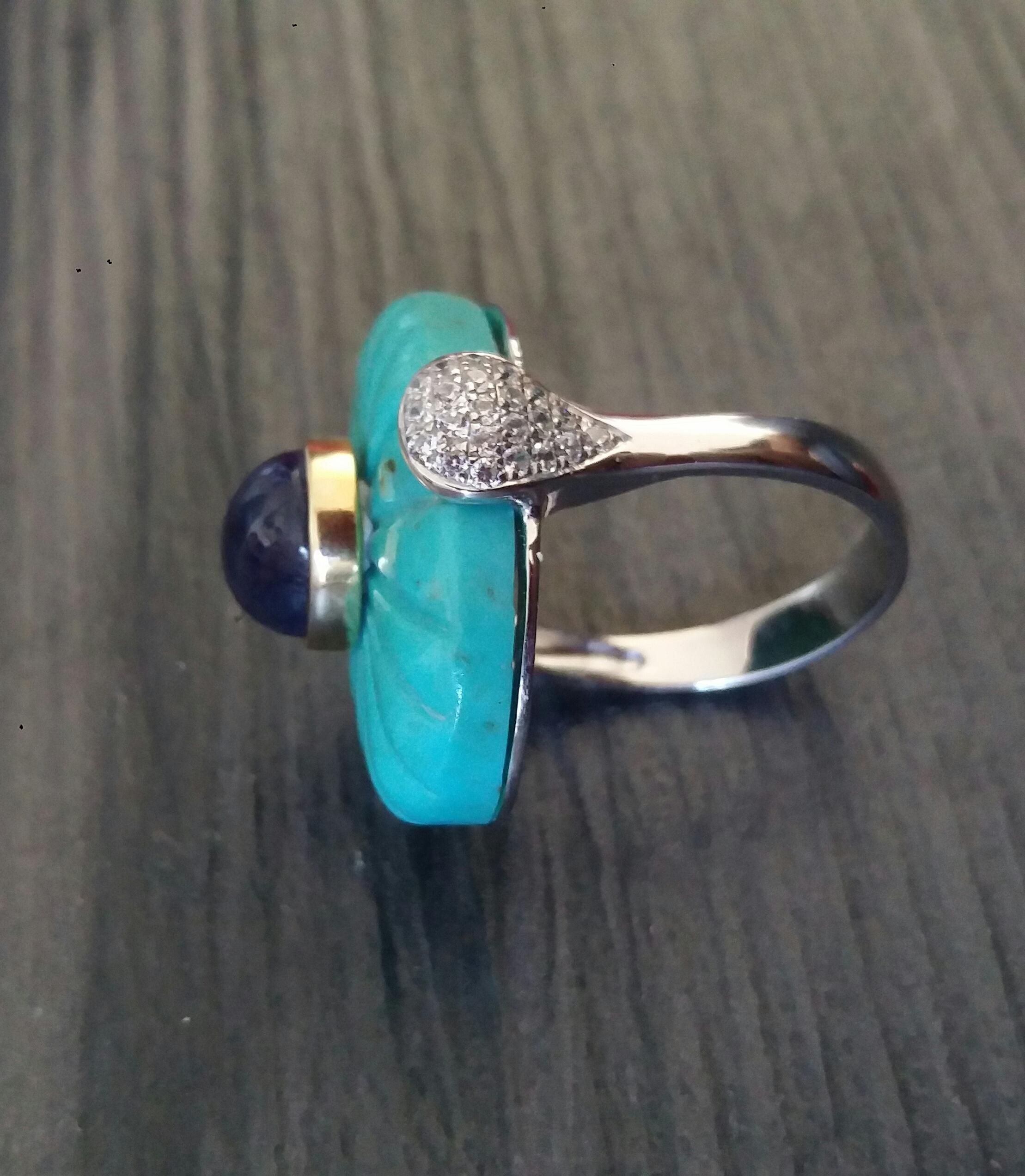 For Sale:  Art Deco Style Carved Turquoise Blue Sapphire Cab Gold Diamonds Cocktail Ring 6