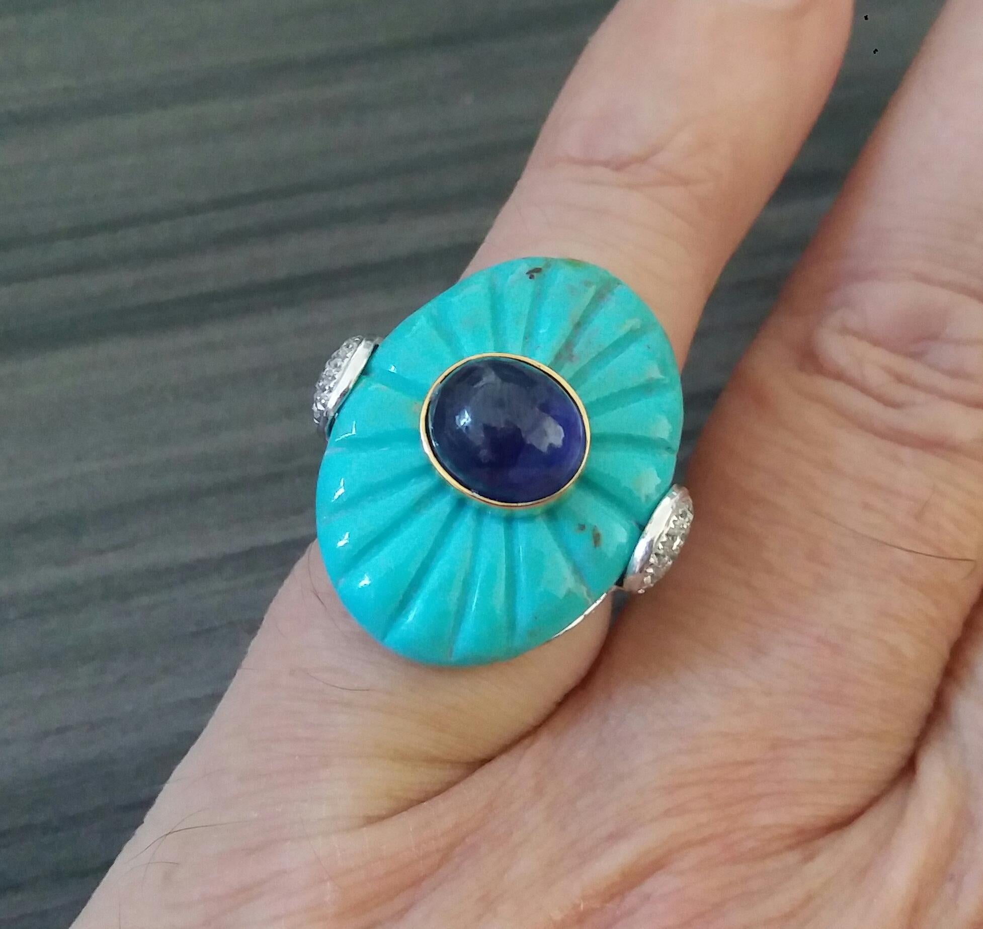 For Sale:  Art Deco Style Carved Turquoise Blue Sapphire Cab Gold Diamonds Cocktail Ring 7
