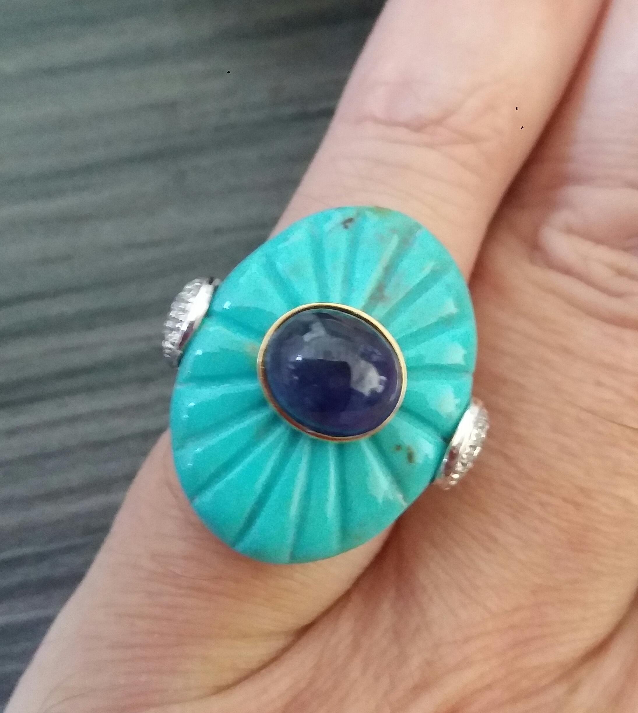 For Sale:  Art Deco Style Carved Turquoise Blue Sapphire Cab Gold Diamonds Cocktail Ring 8