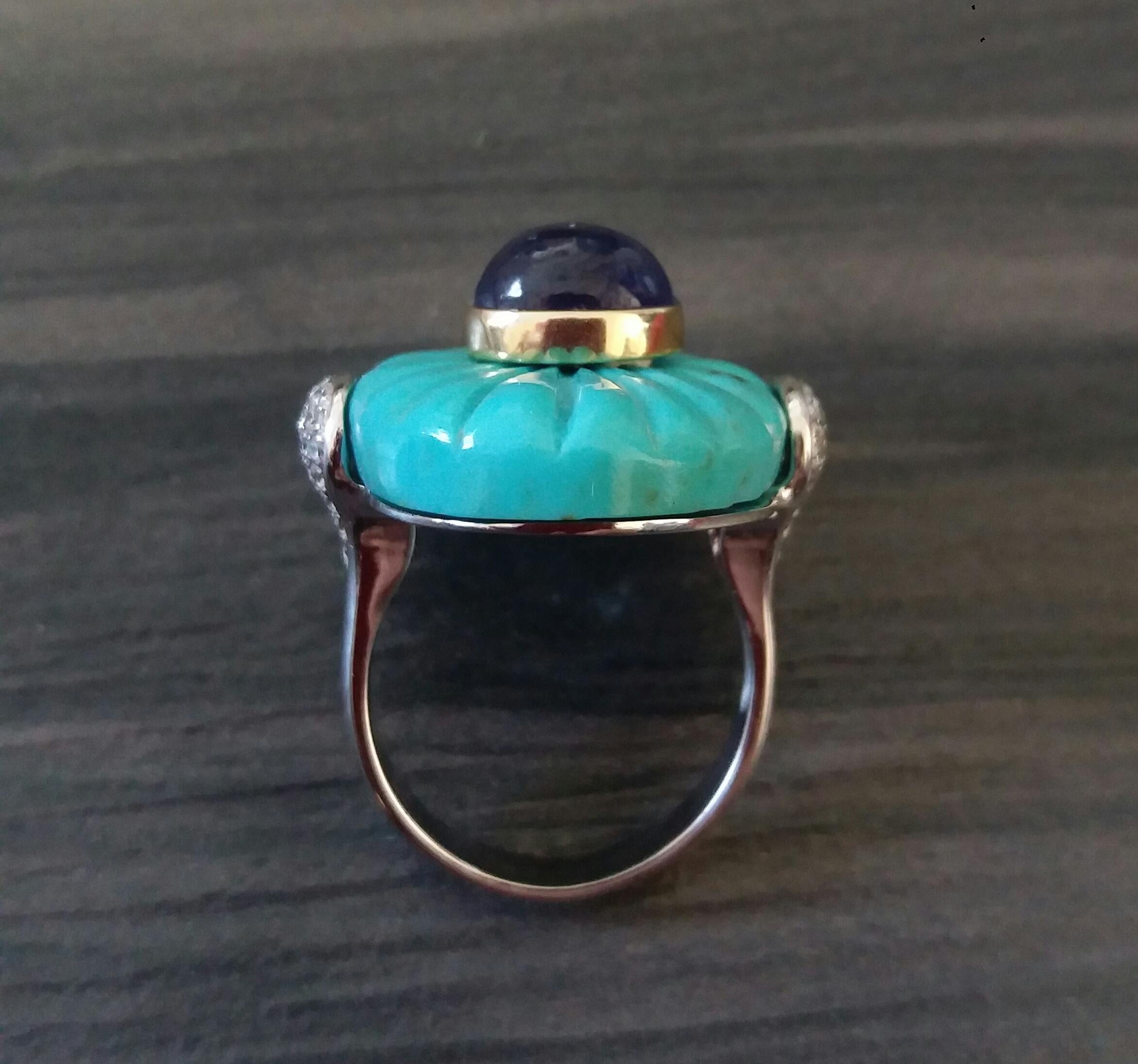 For Sale:  Art Deco Style Carved Turquoise Blue Sapphire Cab Gold Diamonds Cocktail Ring 9