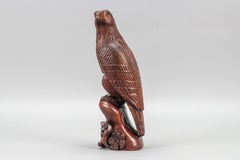 Art Deco Style Carved Wooden Eagle Sculpture with Glass Eyes