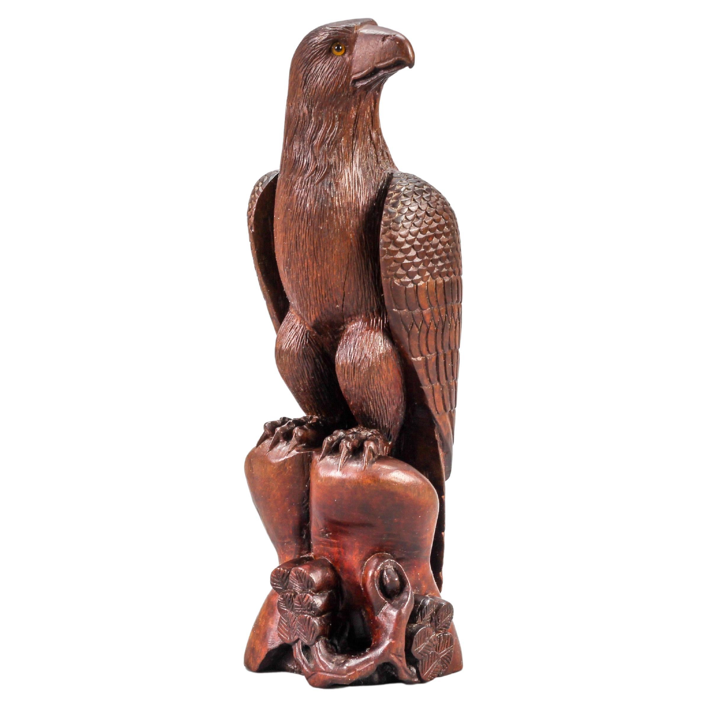 Art Deco Style Carved Wooden Eagle Sculpture with Glass Eyes