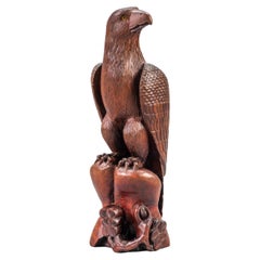 Art Deco Style Carved Wooden Eagle Sculpture with Glass Eyes