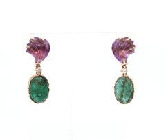 Geschnitzte sambische Smaragd- Amethyst-Ohrringe im Art-déco-Stil aus 18 Karat Gold, 1975