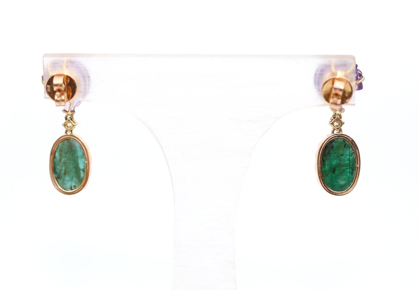 Art Deco Style Carved Zambian Emerald Amethyst Earrings 18K Gold, 1975 For Sale 1