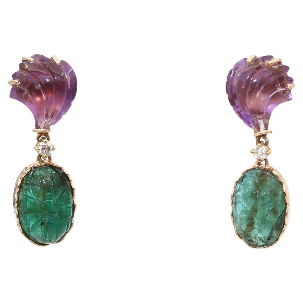 Art Deco Style Carved Zambian Emerald Amethyst Earrings 18K Gold, 1975 For Sale