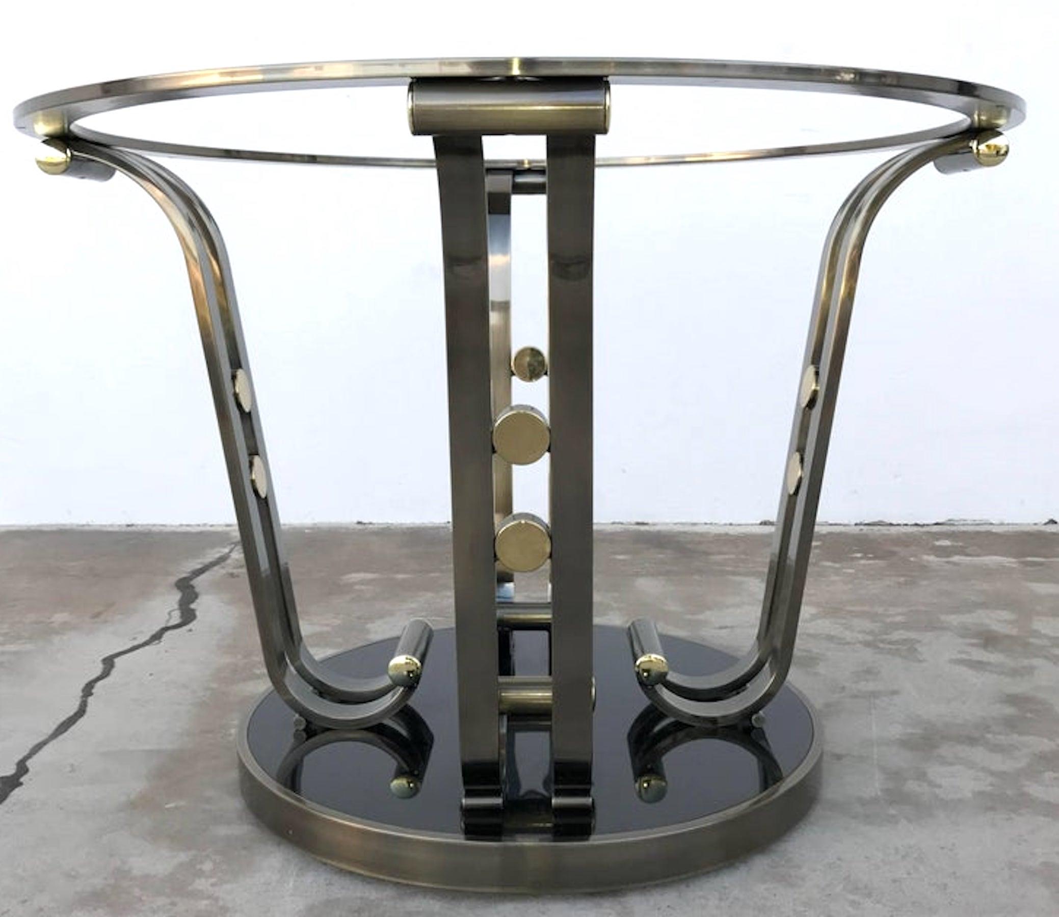 Art Deco style center table base, with four column gun metal, brass and enameled pedestal base. Can accommodate a 60
