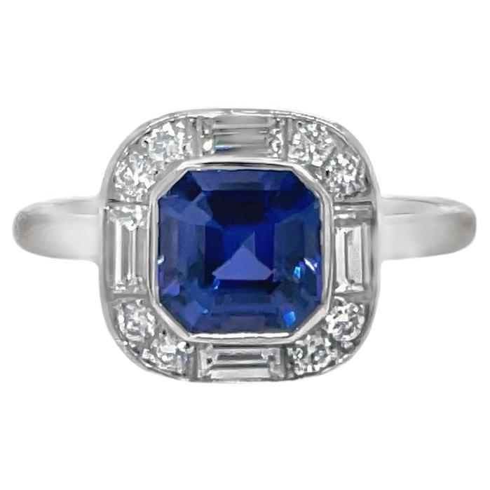 Art Deco Style Certified Square Ceylon Sapphire & Diamond Ring in Platinum