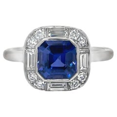Art Deco Style Certified Square Ceylon Sapphire & Diamond Ring in Platinum