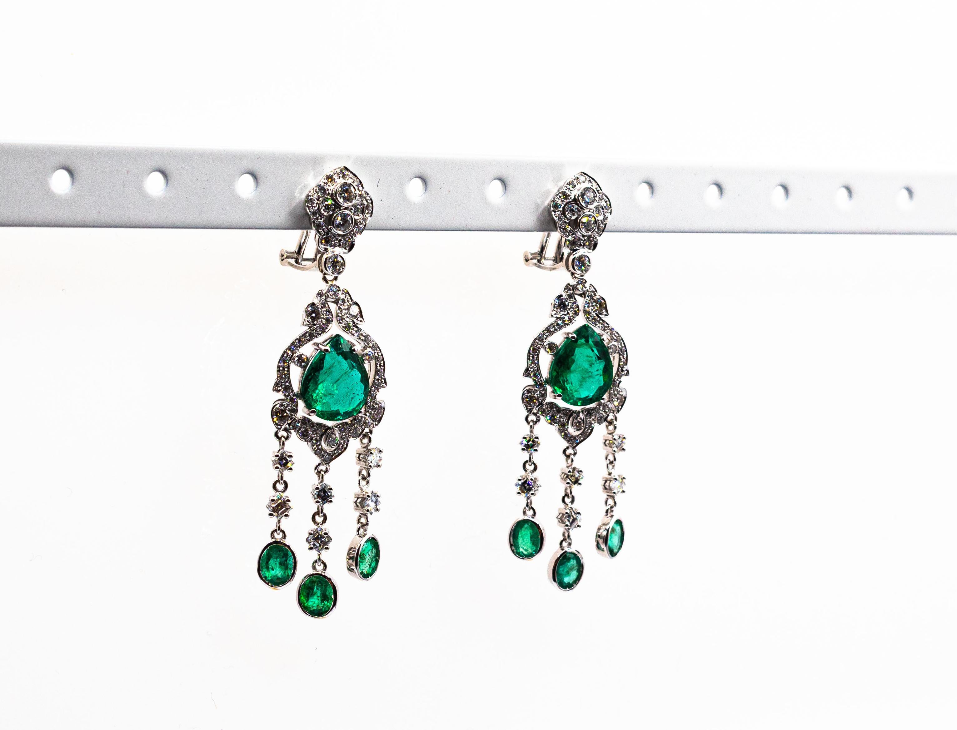 Art Deco Style Certified White Diamond Pear Cut Emerald White Gold Earrings 10
