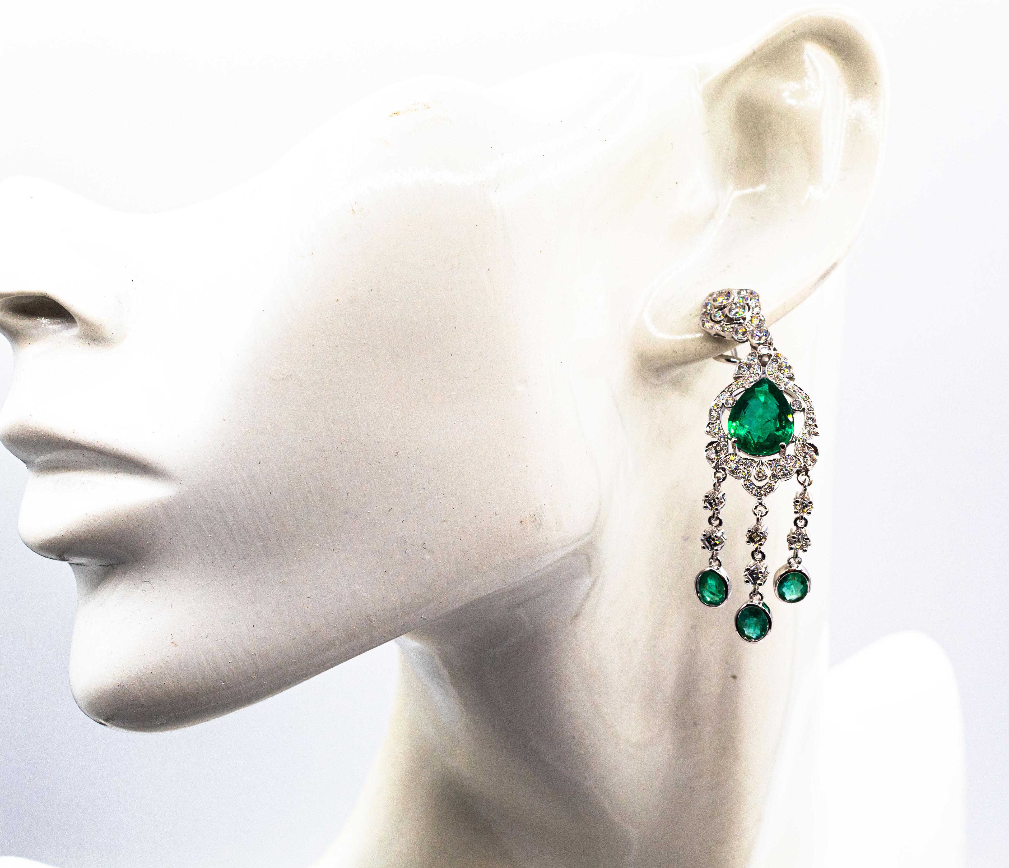 Art Deco Style Certified White Diamond Pear Cut Emerald White Gold Earrings 12