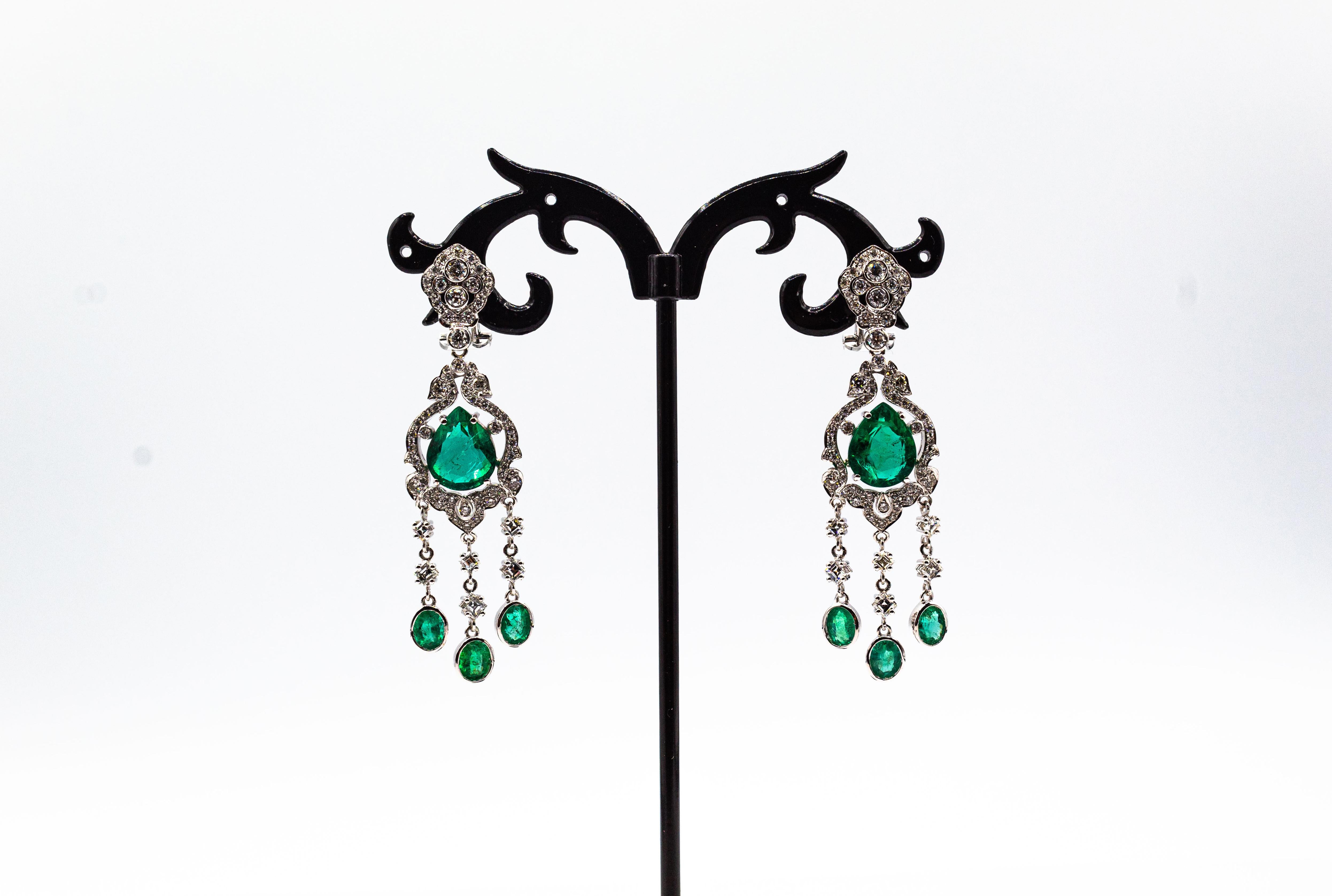Art Deco Style Certified White Diamond Pear Cut Emerald White Gold Earrings In New Condition In Naples, IT