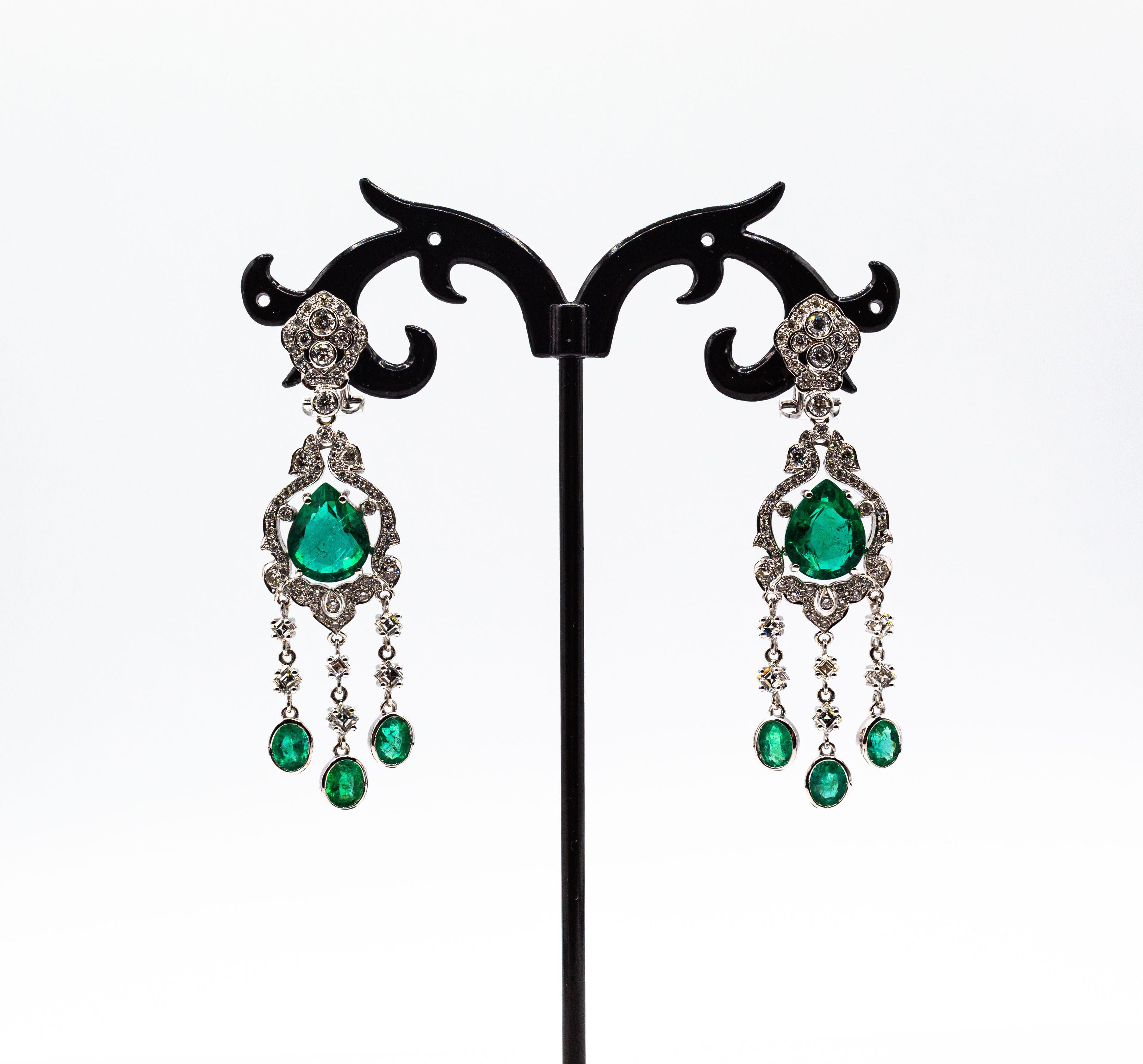 Women's or Men's Art Deco Style Certified White Diamond Pear Cut Emerald White Gold Earrings