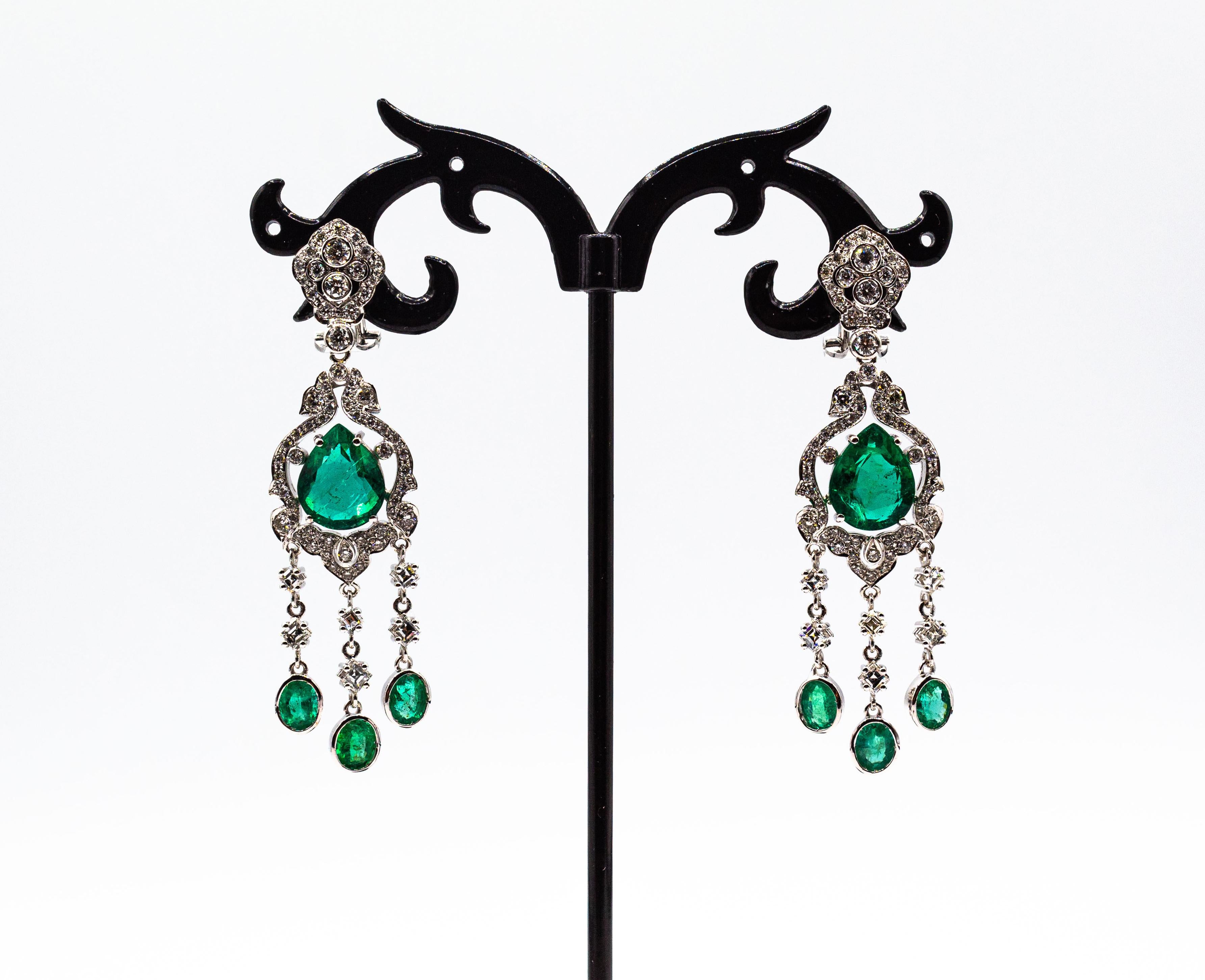 Art Deco Style Certified White Diamond Pear Cut Emerald White Gold Earrings 1