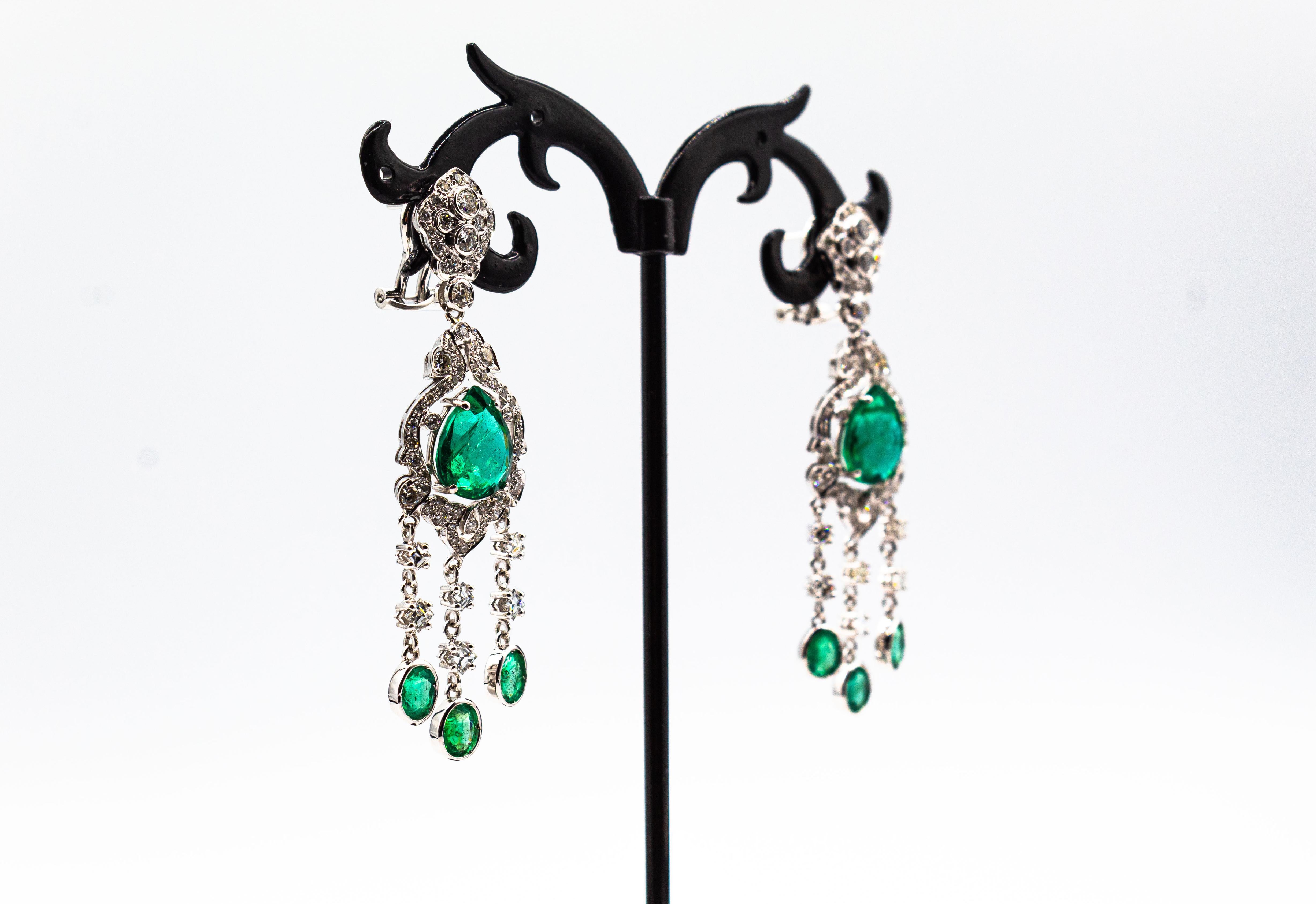 Art Deco Style Certified White Diamond Pear Cut Emerald White Gold Earrings 2