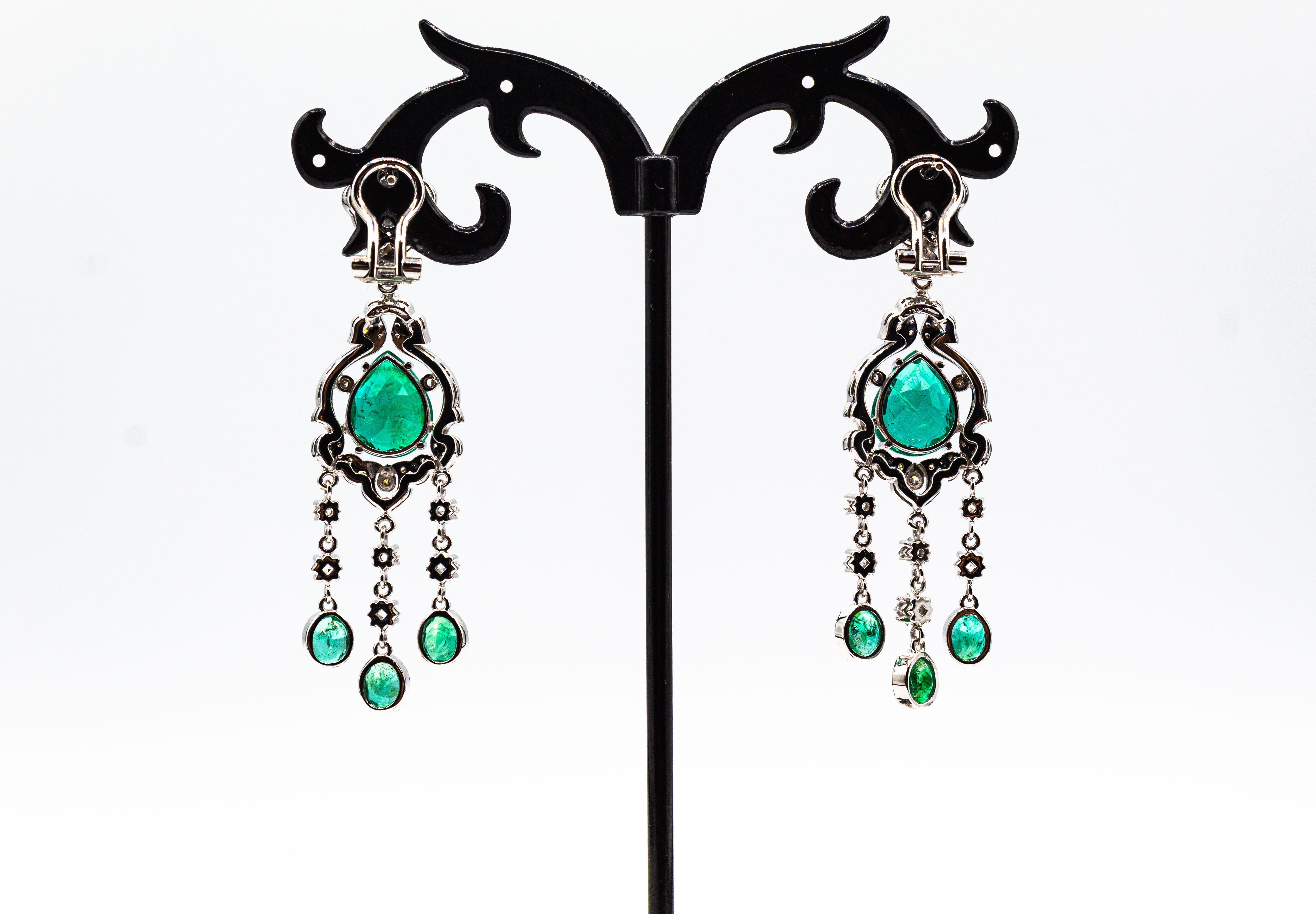Art Deco Style Certified White Diamond Pear Cut Emerald White Gold Earrings 3
