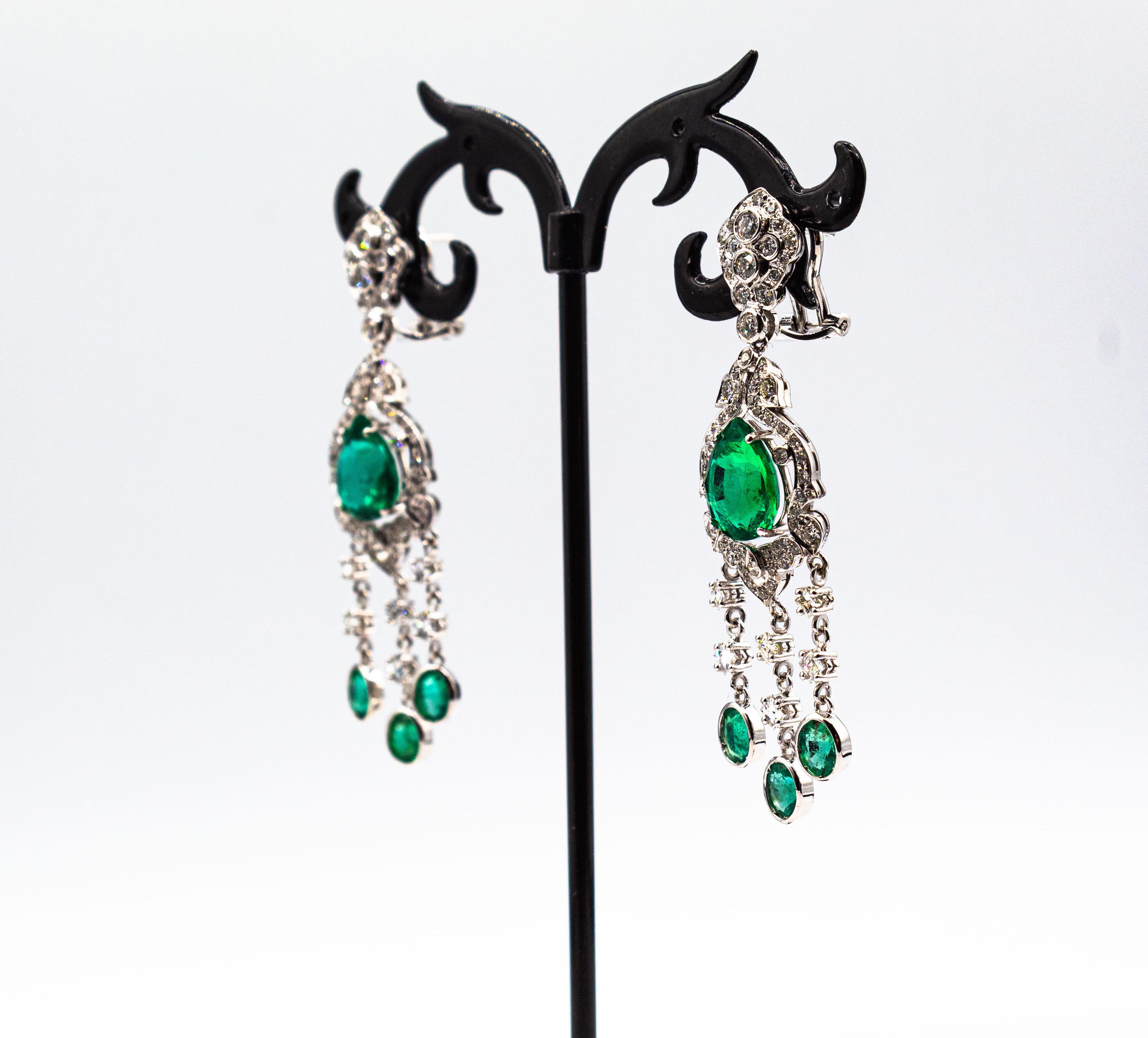 Art Deco Style Certified White Diamond Pear Cut Emerald White Gold Earrings 4