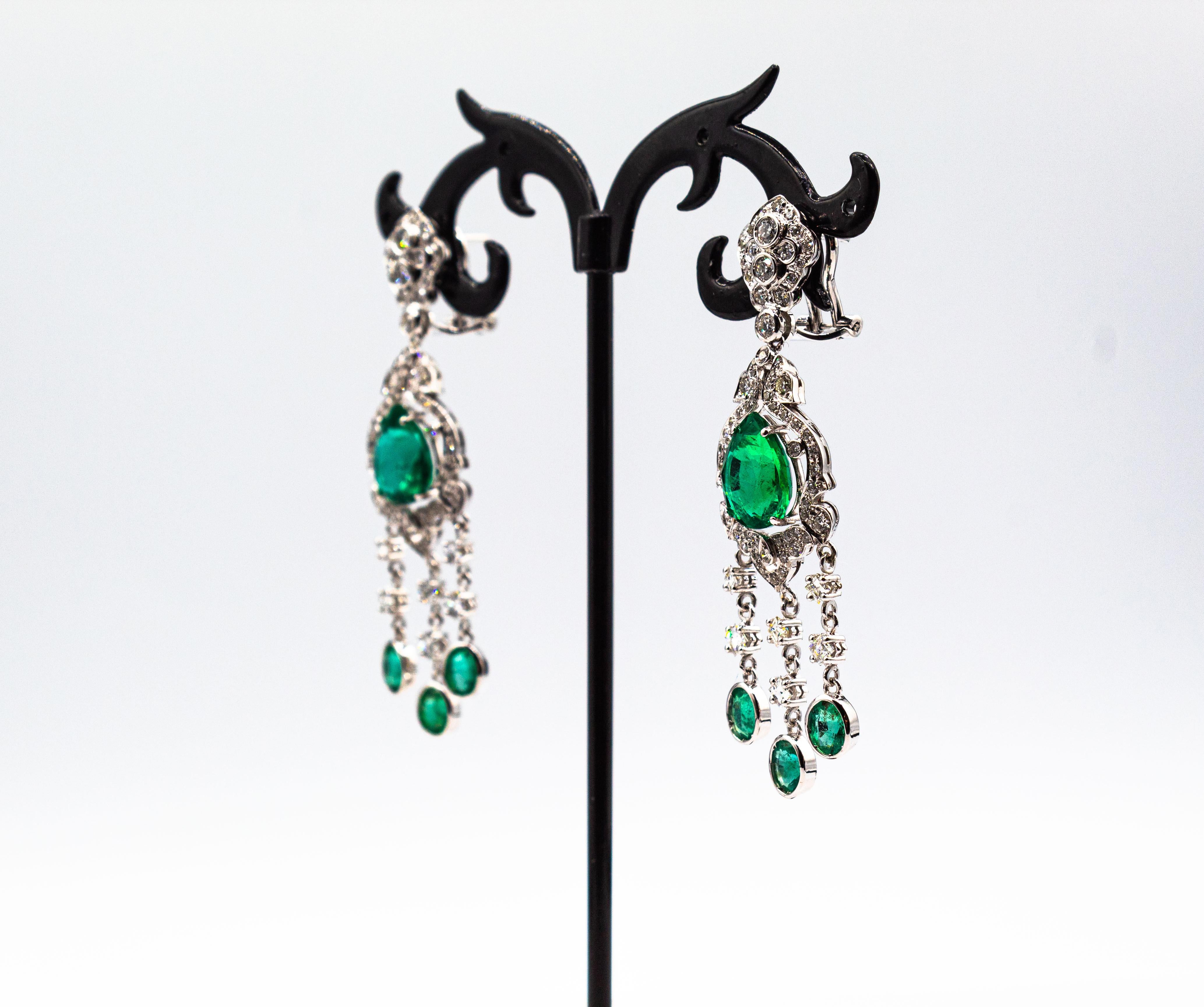 Art Deco Style Certified White Diamond Pear Cut Emerald White Gold Earrings 5
