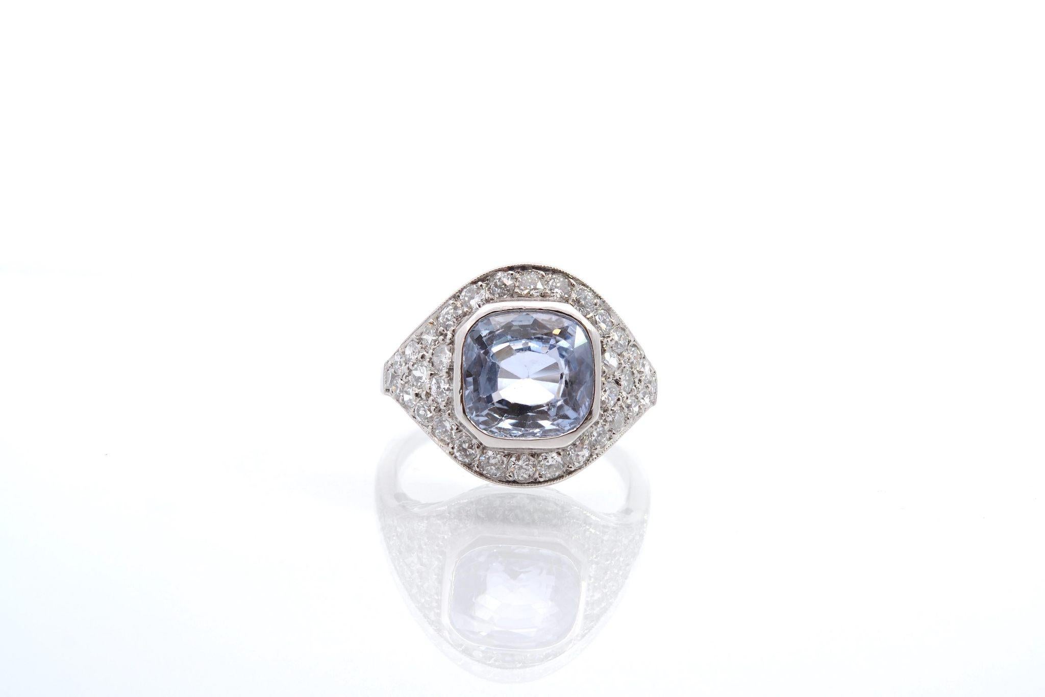 Stones: 1 natural Ceylon sapphire: 3.94cts, 14 diamonds: 1.10cts
Material: Platinum
Dimensions: 1.5cm
Weight: 7g
Period: Recent, handmade art deco style
Size: 54 (free sizing)
Certificate
Ref. : 25311 25444