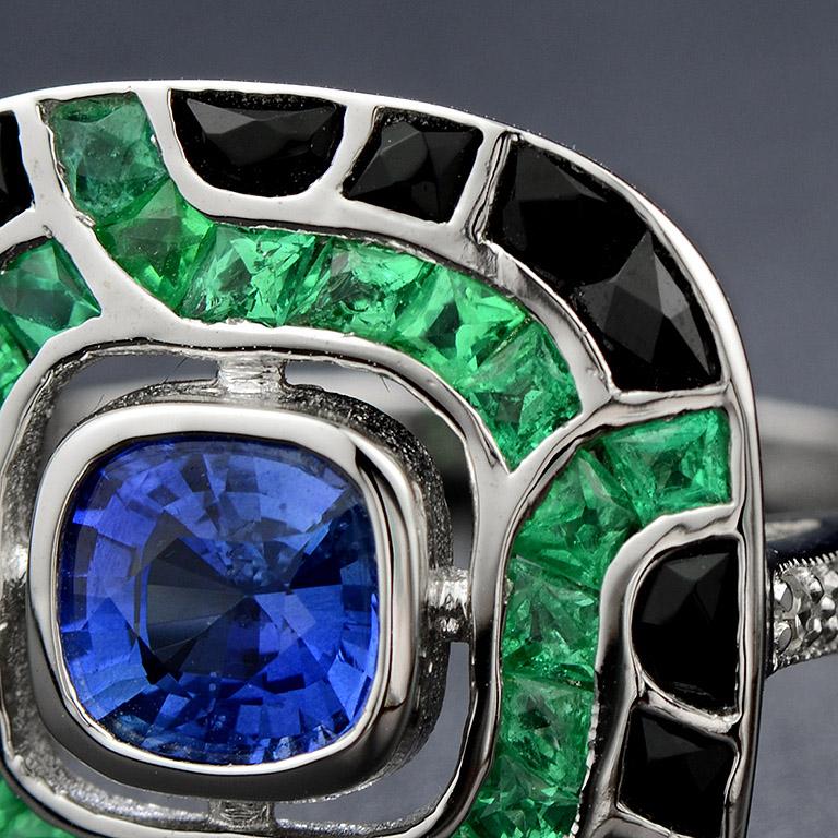 For Sale:  Art Deco Style Ceylon Sapphire with Emerald and Onyx Cushion Ring in 18K Gold 6