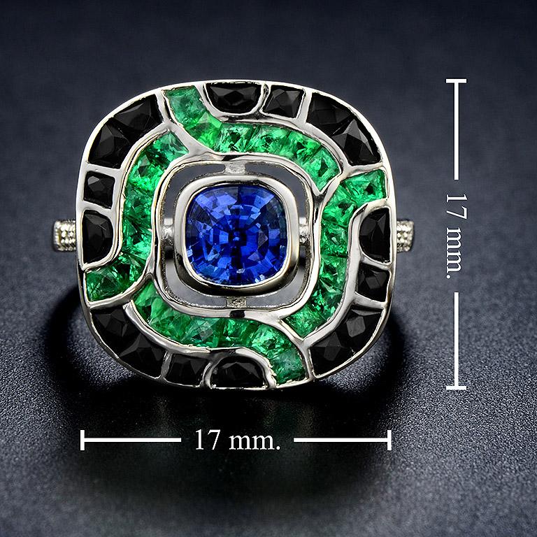 For Sale:  Art Deco Style Ceylon Sapphire with Emerald and Onyx Cushion Ring in 18K Gold 7