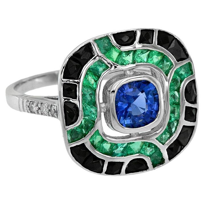 Art Deco Style Ceylon Sapphire with Emerald and Onyx Cushion Ring in 18K Gold