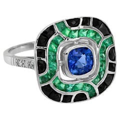 Art Deco Style Ceylon Sapphire with Emerald and Onyx Cushion Ring in 18K Gold