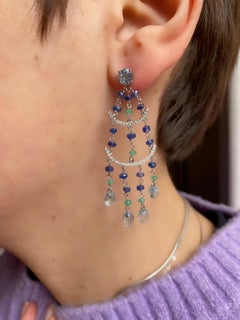Boucles d'oreilles Art Déco Chandelier Or 18k Diamants Blancs Aigue Marine Saphirs
