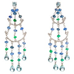 Art Deco Style Chandelier 18k Gold White Diamonds Aquamarine Sapphires Earrings