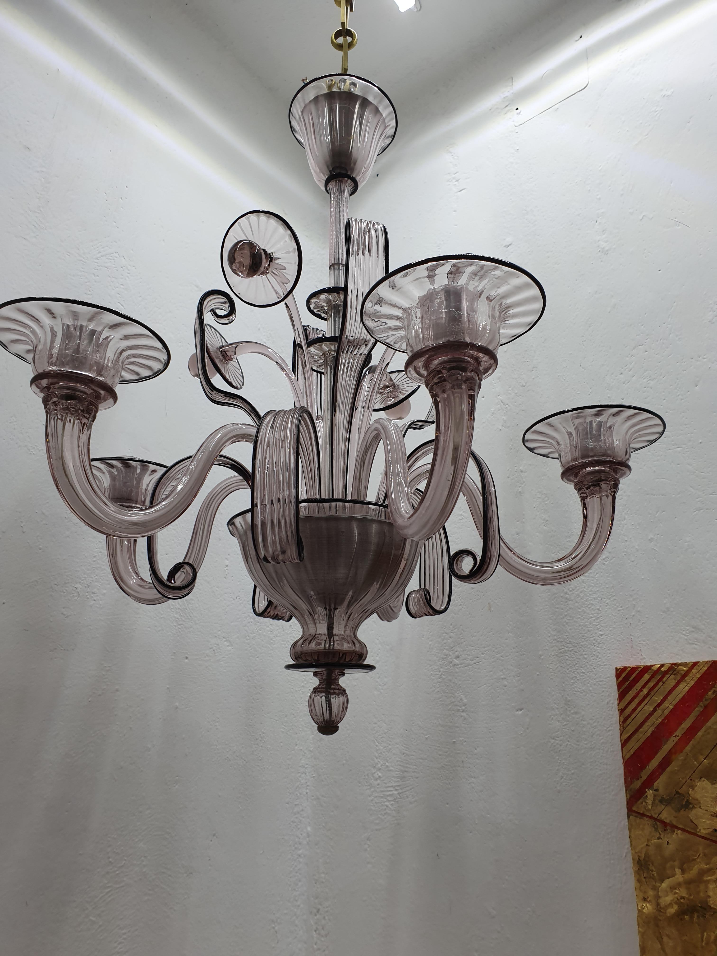 Art Deco Style Chandelier Attributed to Venini Murano Glass, Itlay, circa 1940 For Sale 3