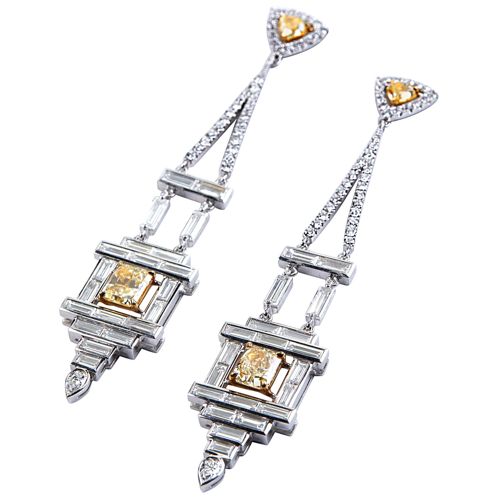 Art Deco Style Chandelier Diamond Earrings White and Yellow Gold For Sale