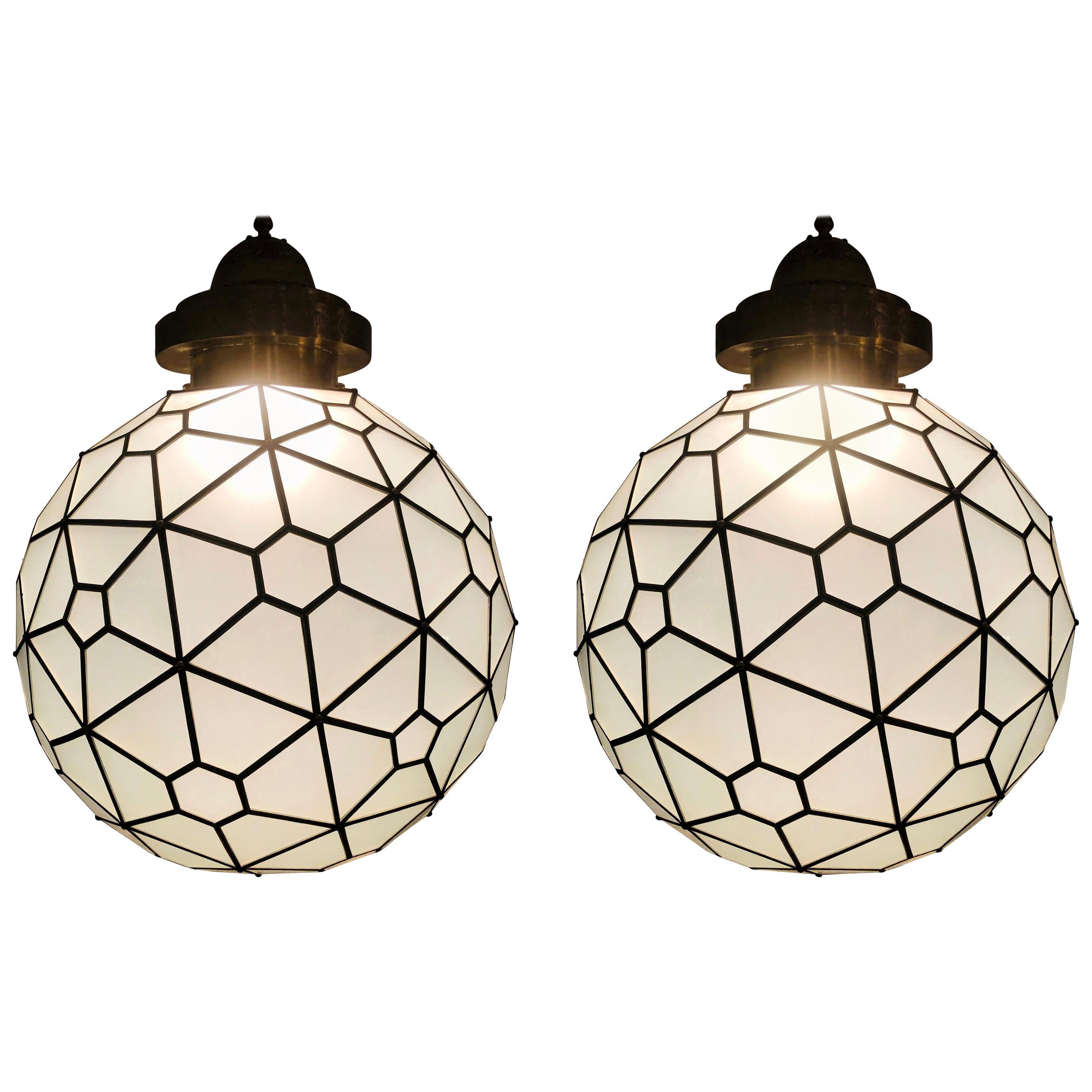 Art Deco Style Chandelier or Pendant, Round Shaped Milk Glass and Brass, a Pair