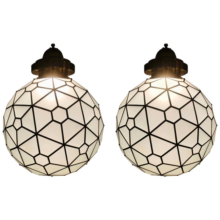 Art Deco Style Chandelier or Pendant, Round Shaped Milk Glass and Brass, a Pair For Sale