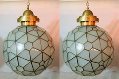 Art Deco Style Chandelier, Pendant Globe Shape Milk Glass and Brass, a Pair