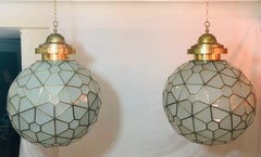 Art Deco Style Chandelier, Pendant Globe Shape Milk Glass and Brass, a Pair
