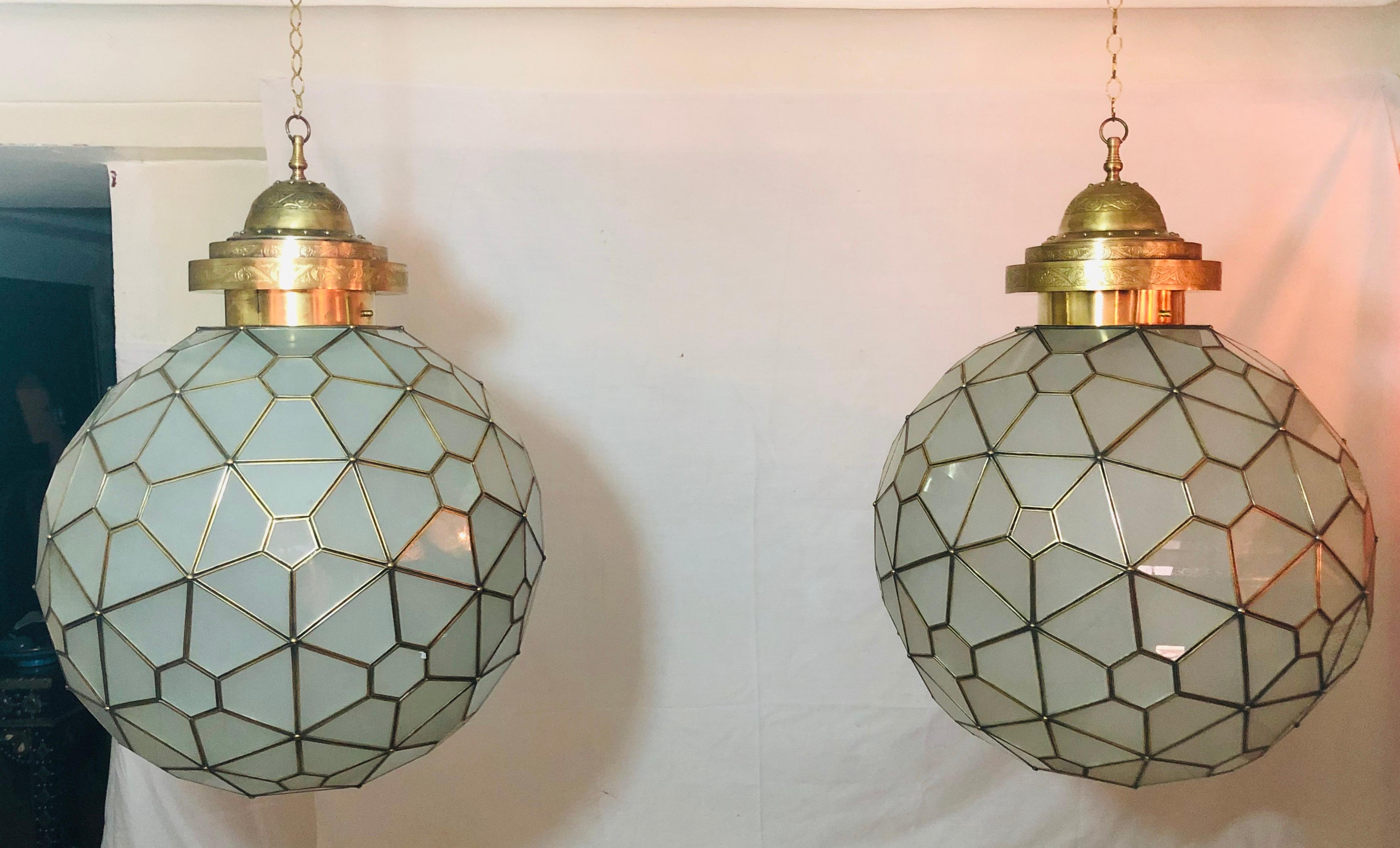 Moroccan Art Deco Style Chandelier, Pendant Globe Shape Milk Glass and Brass, a Pair