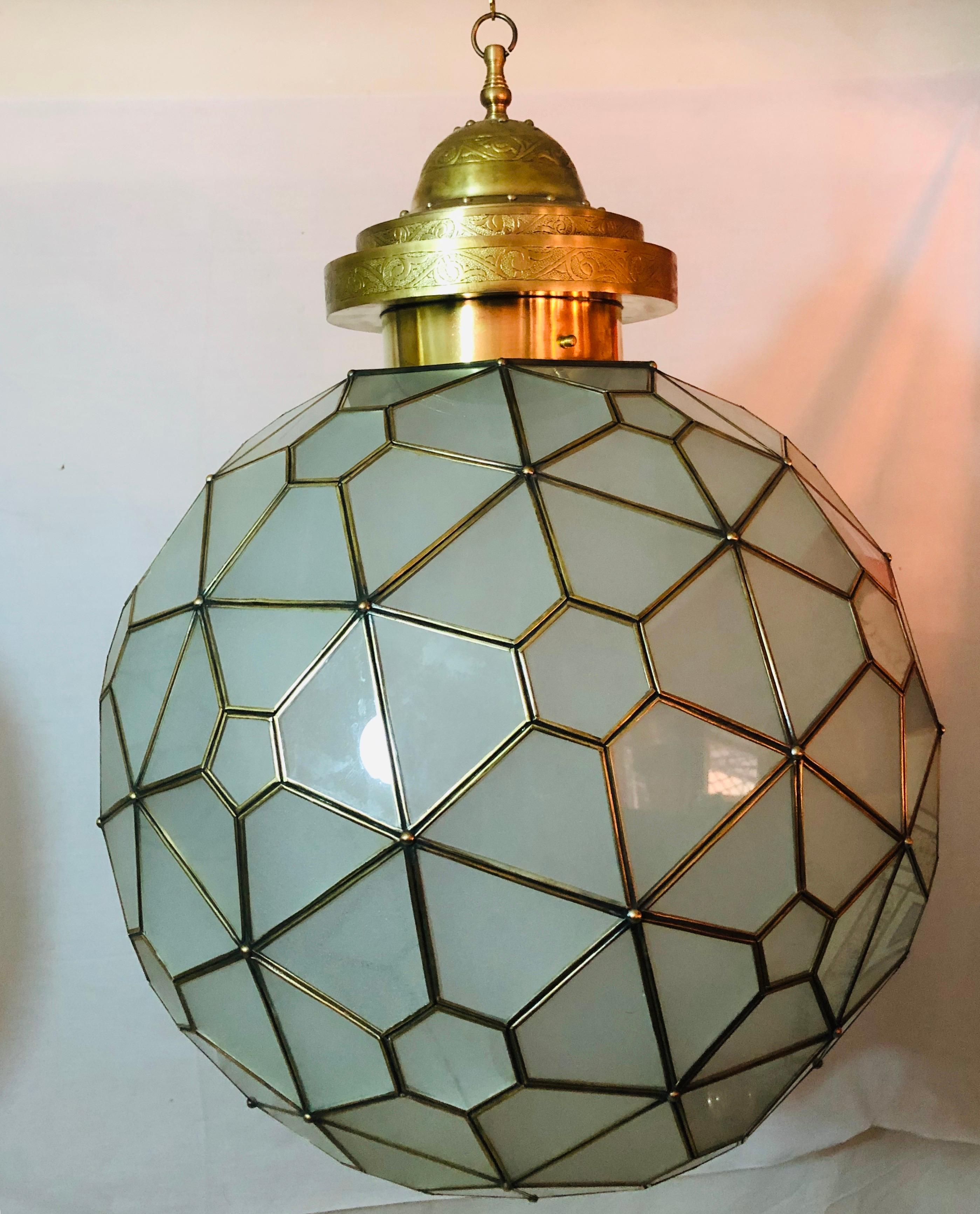 Late 20th Century Art Deco Style Chandelier, Pendant Globe Shape Milk Glass and Brass, a Pair